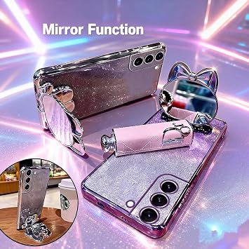for Samsung Galaxy S26 Ultra 5G Case for Women Girls,Cute Hidden Rabbit Mirror Kickstand,Galaxy S26 Ultra Case Clear TPU with Bling Gradient Layer,Glitter Girly Phone Case for Samsung S26 Ultra Pink