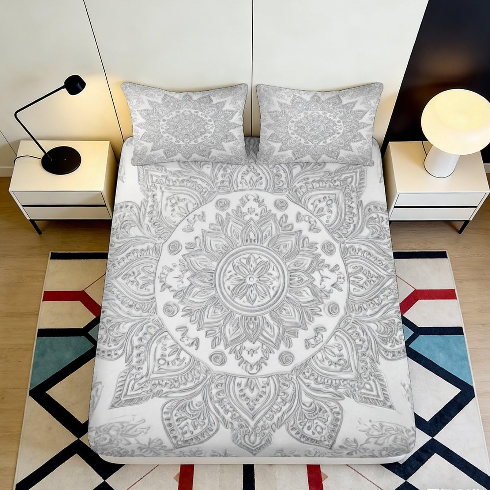 3D Printed Grey Mandala Fitted Sheet Microfiber Soft Breathable Ornamental Bed Cover for Bedroom Dormitory Guest Room Mattress Protection 140x200x25cm