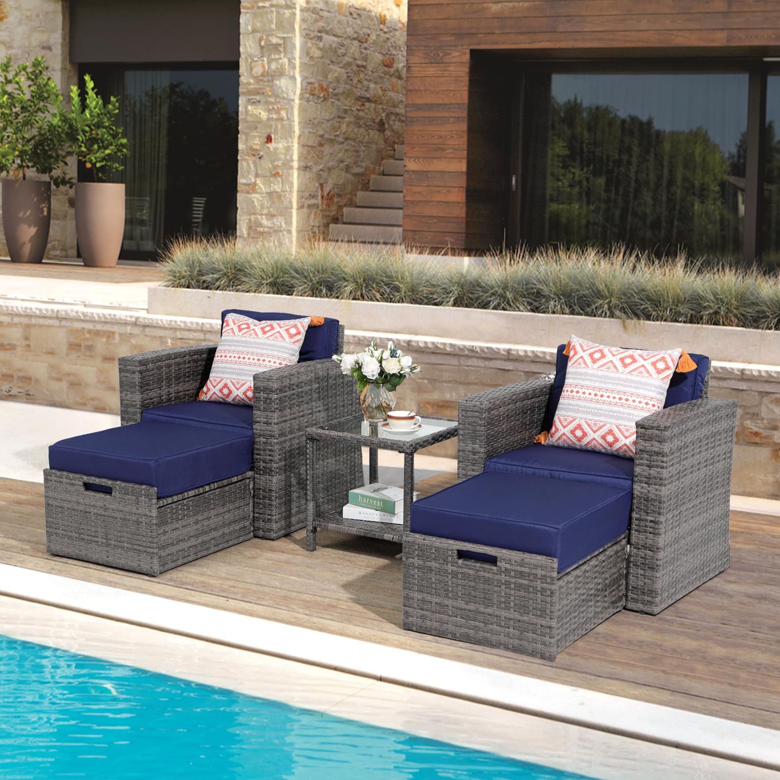 Super Patio 5 Piece Wicker Patio Furniture Set, Patio Conversation Set with Ottoman Set, Outdoor Couch Sofa Set with Tempered Glass Side Table for Front Porch, Deck, Garden, Navy Blue