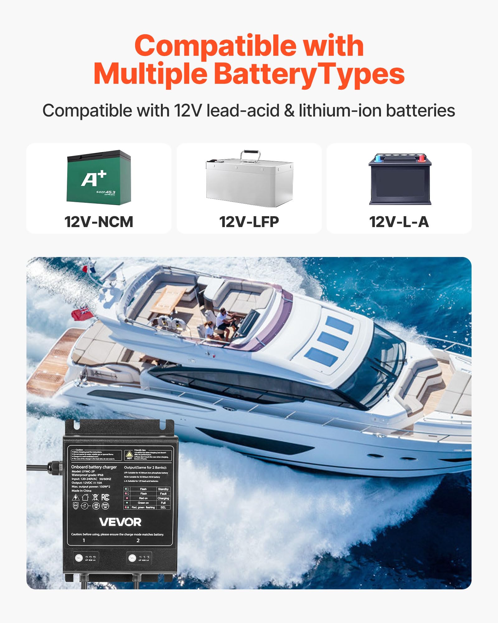 VEVOR Marine Battery Charger, 2-Bank, 10A 12V Onboard Boat Charger, IP68 Waterproof Smart On-Board Battery Charger, for Lithium-Ion (LiFePO4), NCM, Lead-Acid Batteries, Large Boat, Yacht, RV, Trailer