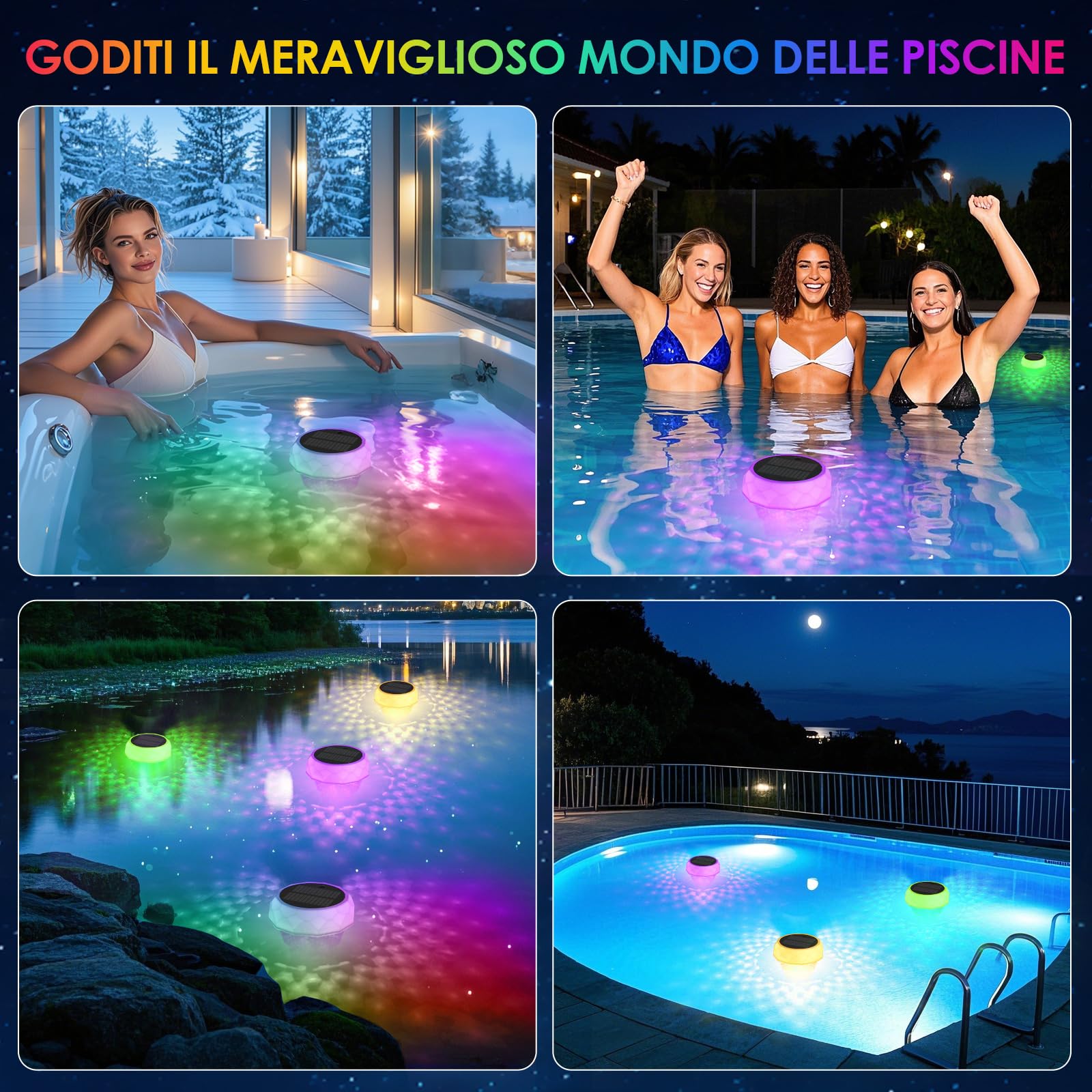 ZWOOS Dosatore Cloro Piscina, Galleggiante Cloro Piscina, Luce per Piscina Solare Galleggiante, Dispenser Cloro Piscina con Dosatore Estensibile (Vuoto), Lampada per Piscina RGB (2 Pezzi)
