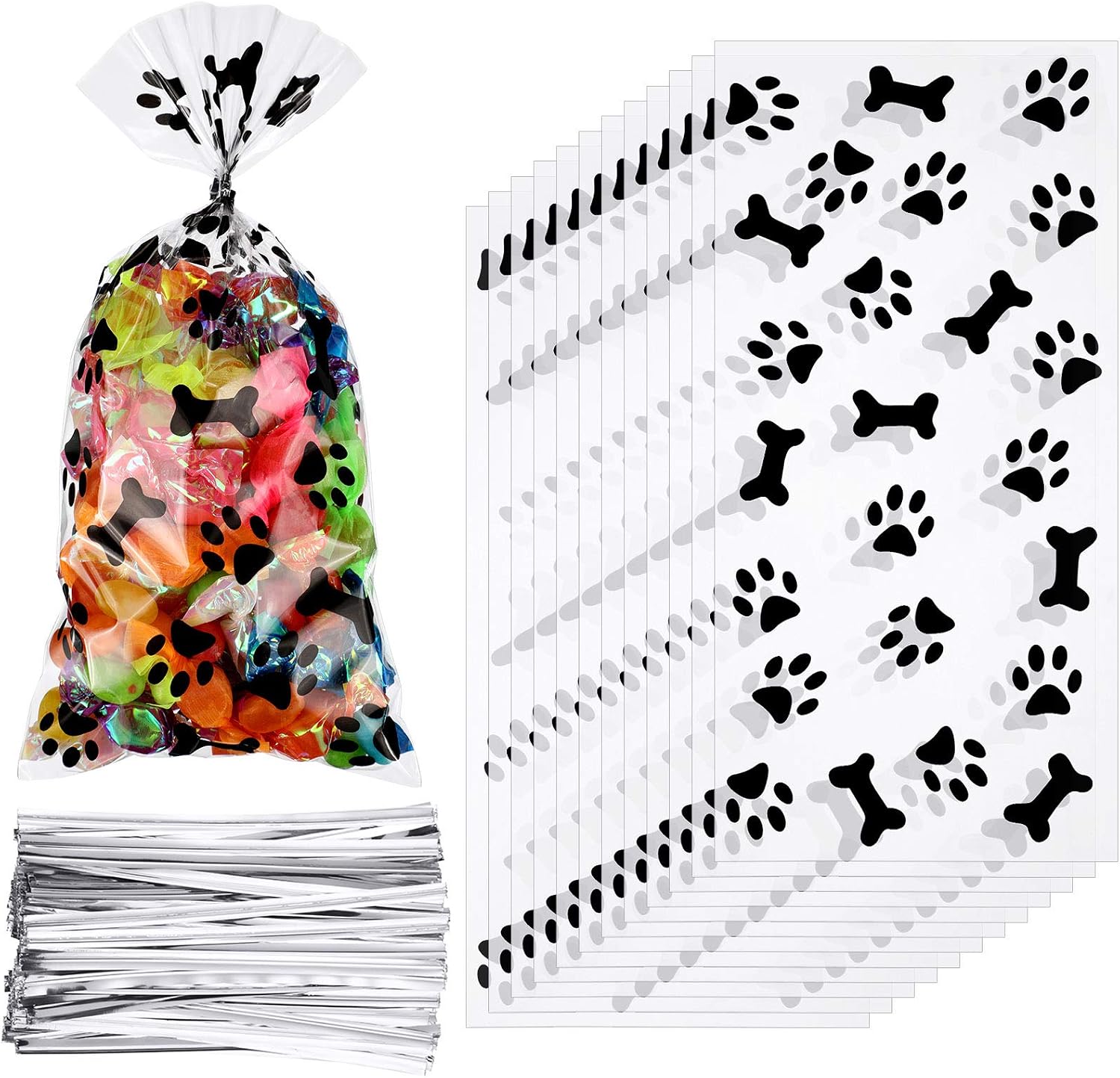 Maitys 100 Pieces Paw Bone Print Treat Bags Cellophane Clear Food Bags with 200 Pieces Twist Ties for Candies Chocolate Cookies Dessert Snacks (Black)
