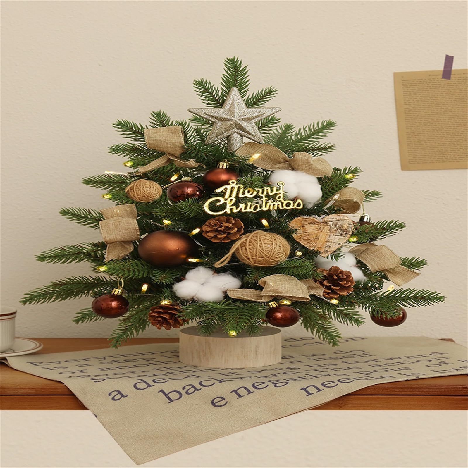 Mini Weihnachtsbaum, Weihnachtsbaumschmuck, Weihnachtsbaum Klein Beleuchtet, mit Weihnachtsschmuck und Holzsockel für Weihnachtsurlaub Party Home Office Decor (Rot Set,45 cm)