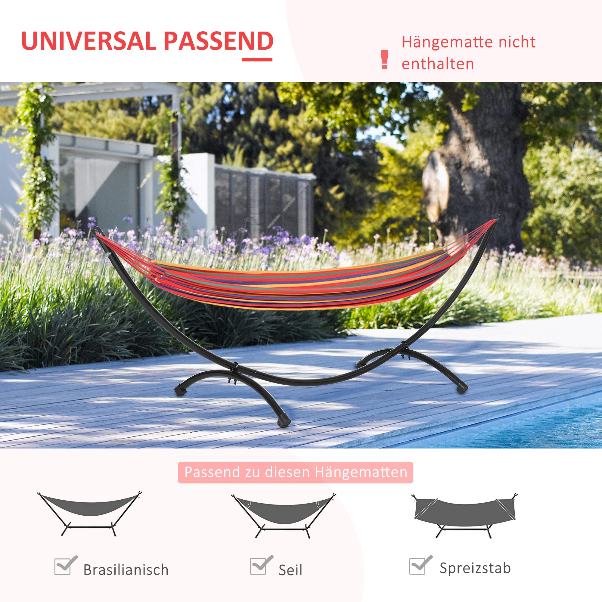 Outsunny Hängemattengestell Outdoor aus Stahl 300cm x 90cm x100cm Hängemattenständer mit Zugseil bis 120 kg Hängesessel Gestell für Garten Strand Camping Schwarz