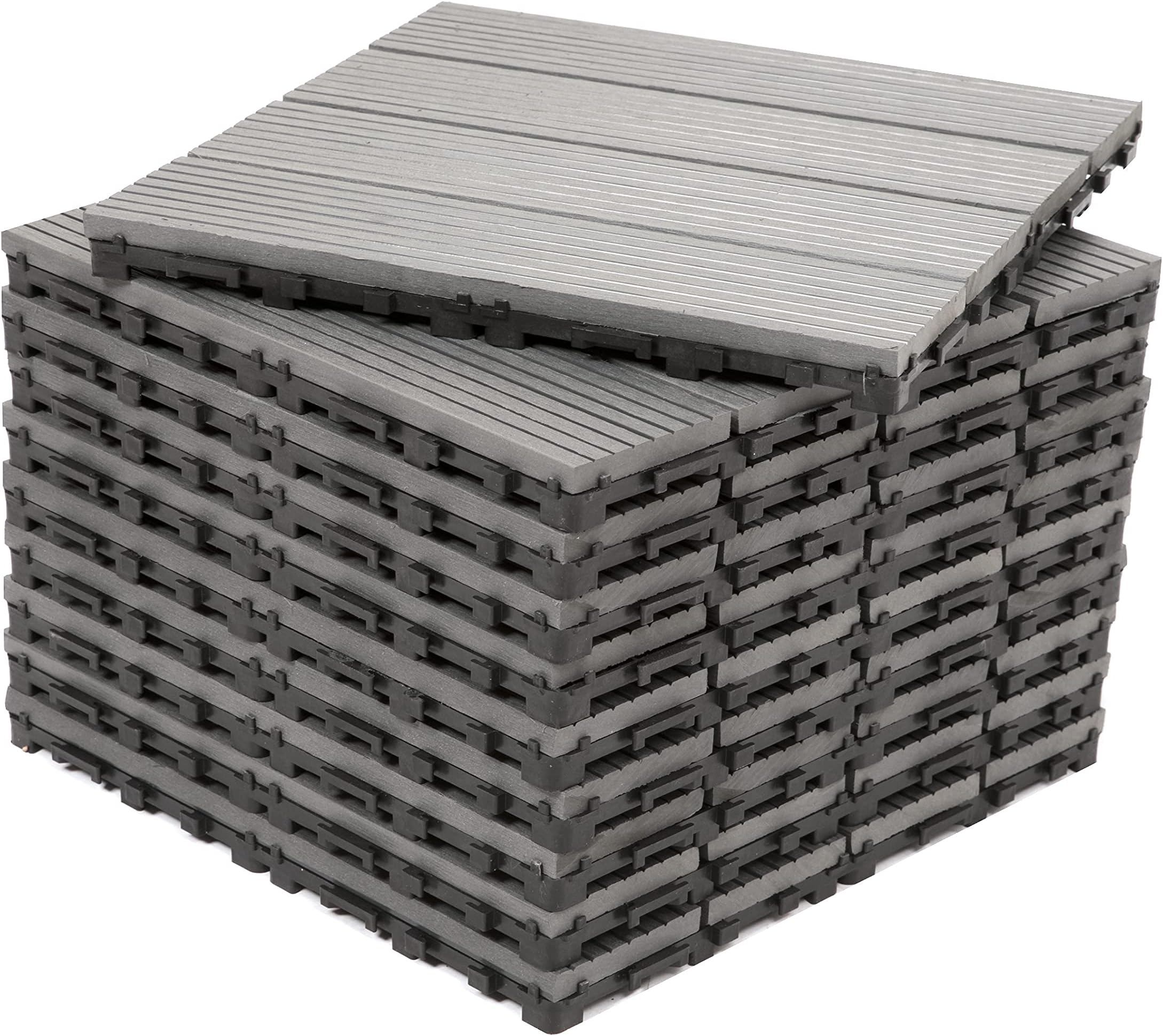 Pack of 10 - Dekco Composite Wood Plastic Grey Decking Interlocking Tiles with Woodgrain Effect 30cm x 30cm