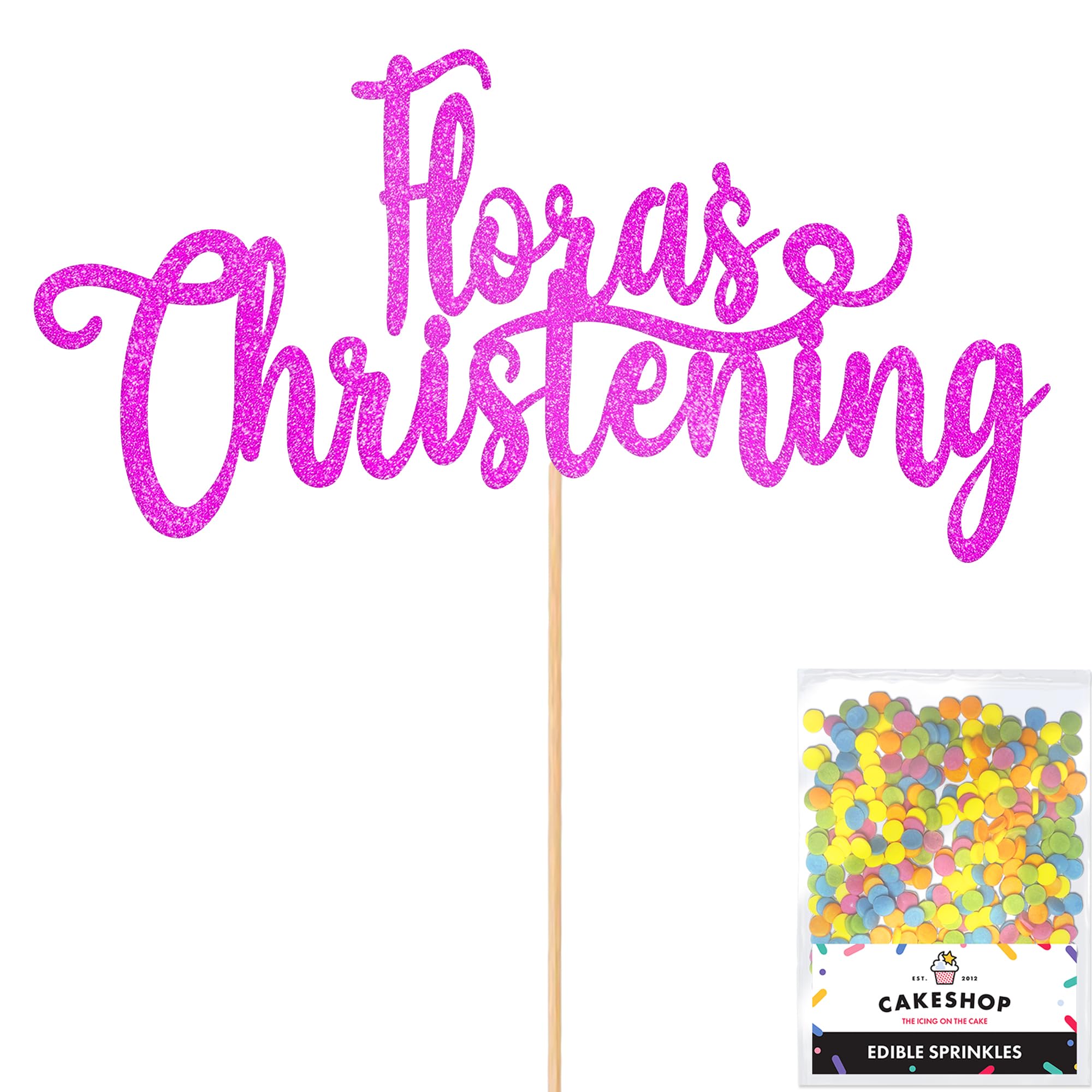 Cakeshop Personalised Christening Glitter Cake Topper With Sprinkles - Pink Custom Colour - Any Name - Double-Sided Glitter Card Cake Decoration - Custom Toppers for Cakes