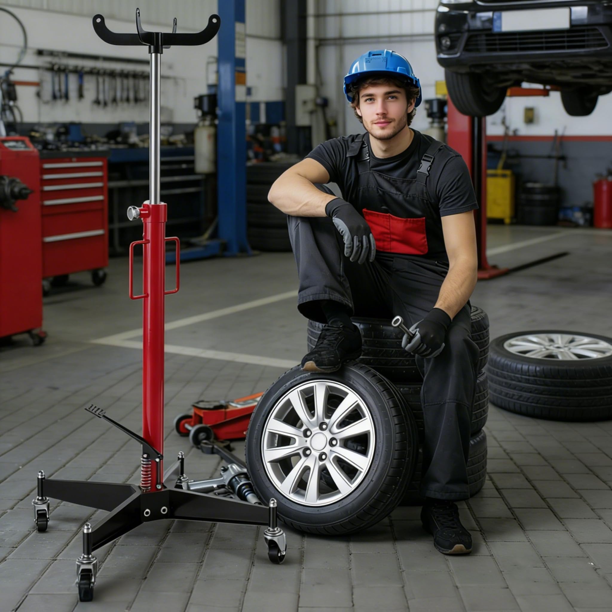Froadp Hydraulischer Getriebeheber 500 kg, Mobiler Motorheber für KFZ und LKW, 111-190 cm Hubhöhe, Fußpedal-Hebevorrichtung mit 4 Lenkrollen, Hochhub-Transportheber aus Stahl, Rot