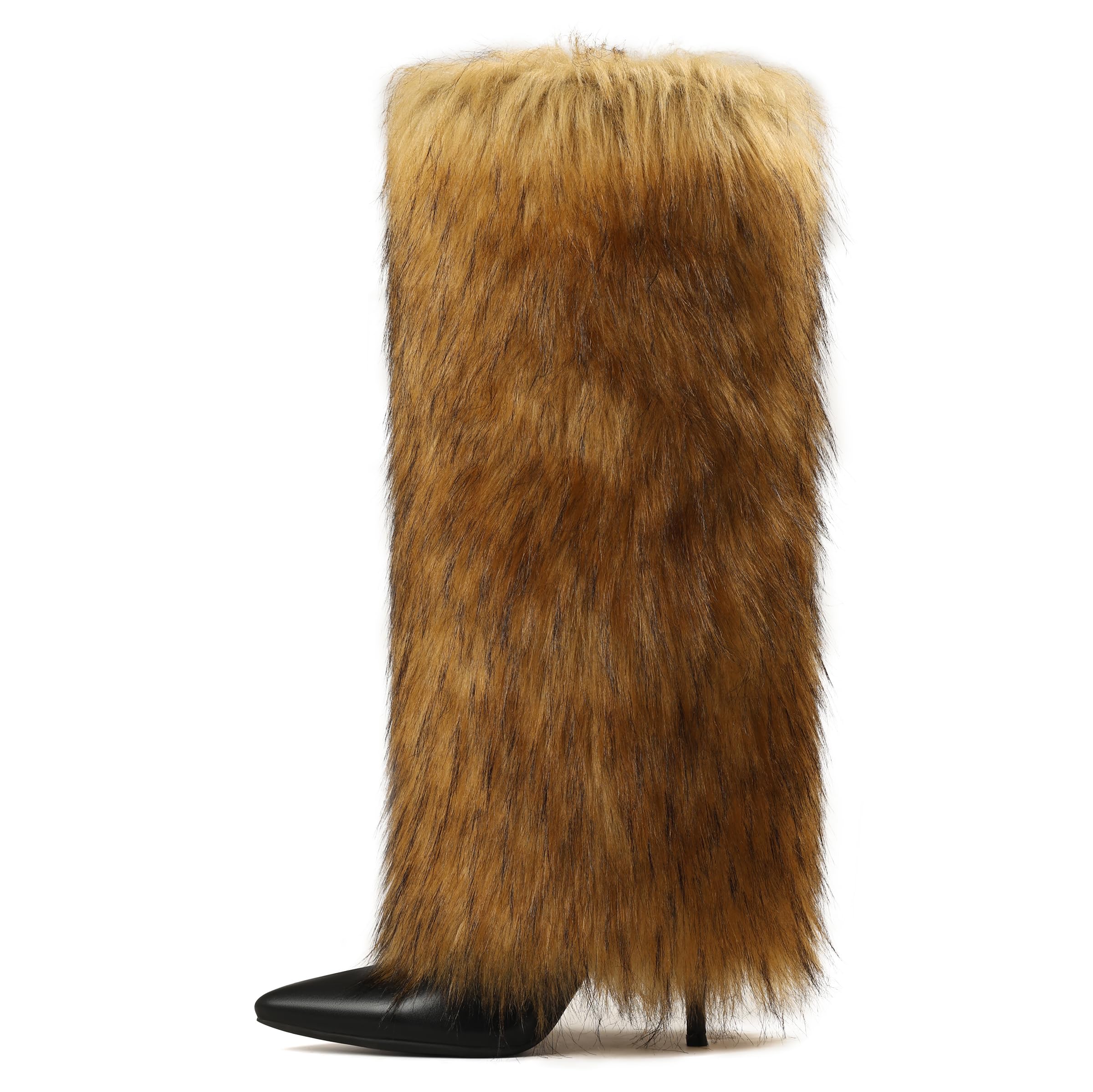 Kalstage Women Fur Knee High Boots Heels Wide Calf Fold Over Tall Boots for Party Evening Fashion Shows