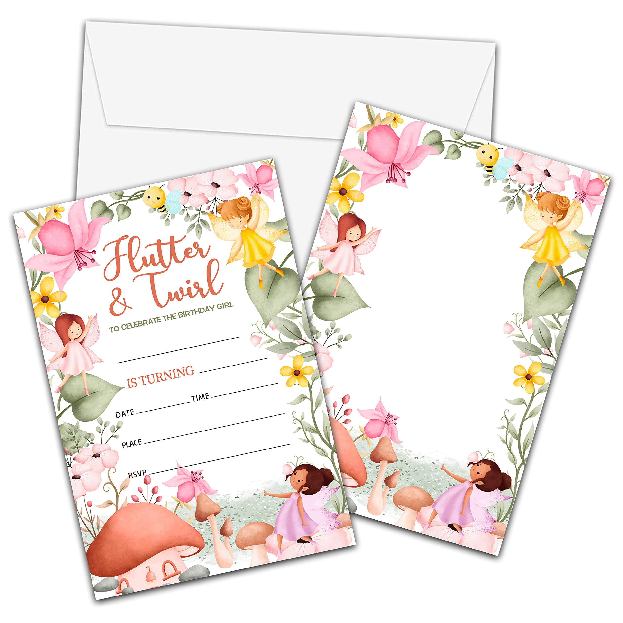 Fairy Garden Birthday Invitations with Envelopes - Flutter and Twirl Birthday Party Invitation Card for Girls - Blush Pink Magical Girl Fill-in