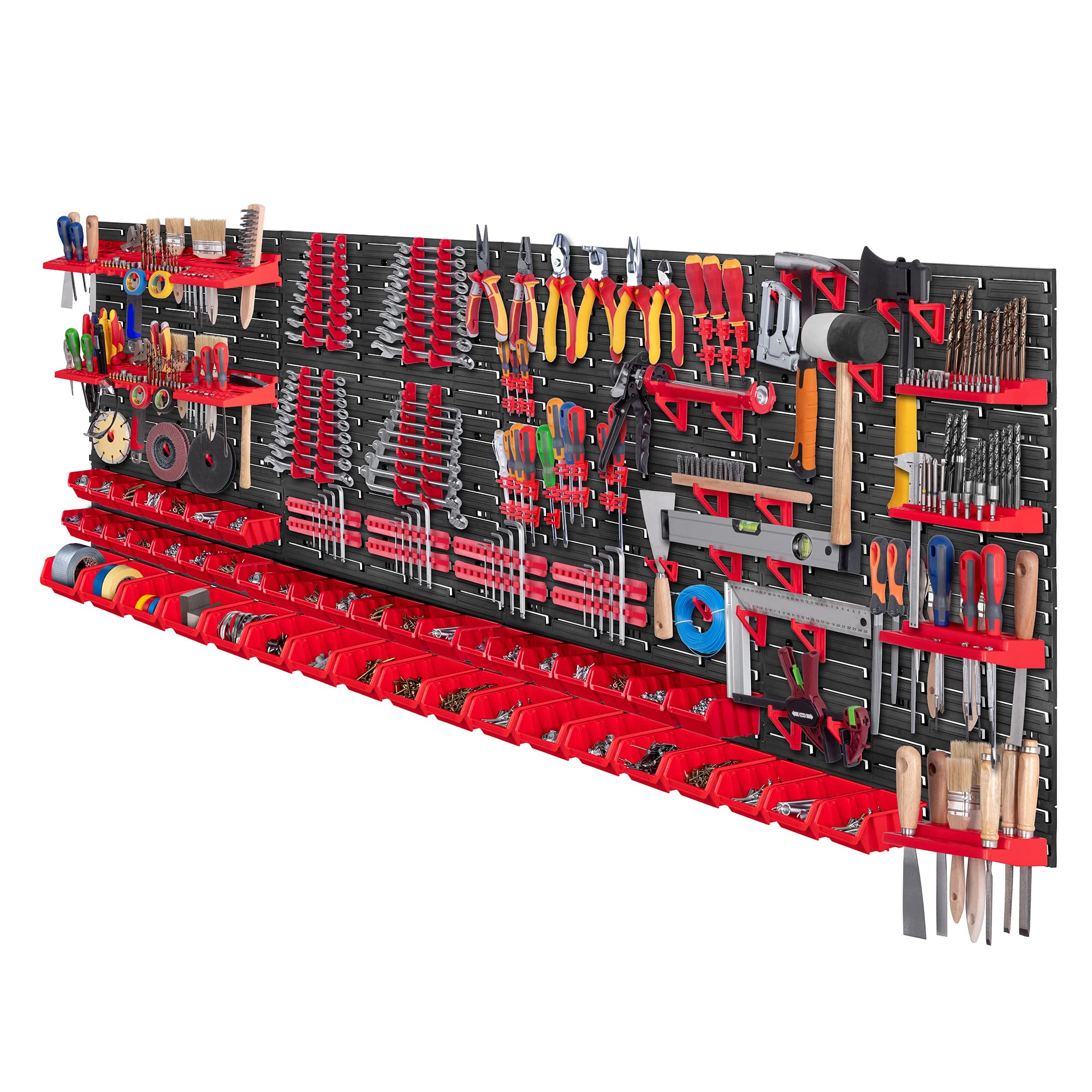 KADAX Werkzeugwandregal Groß, 232x78cm Lagersystem aus robustem Kunststoff, UV-Resistentes Modul-System, Erweiterbare Wandplatten, Werkstattregal für Garage (Rot, 132 tlg.)