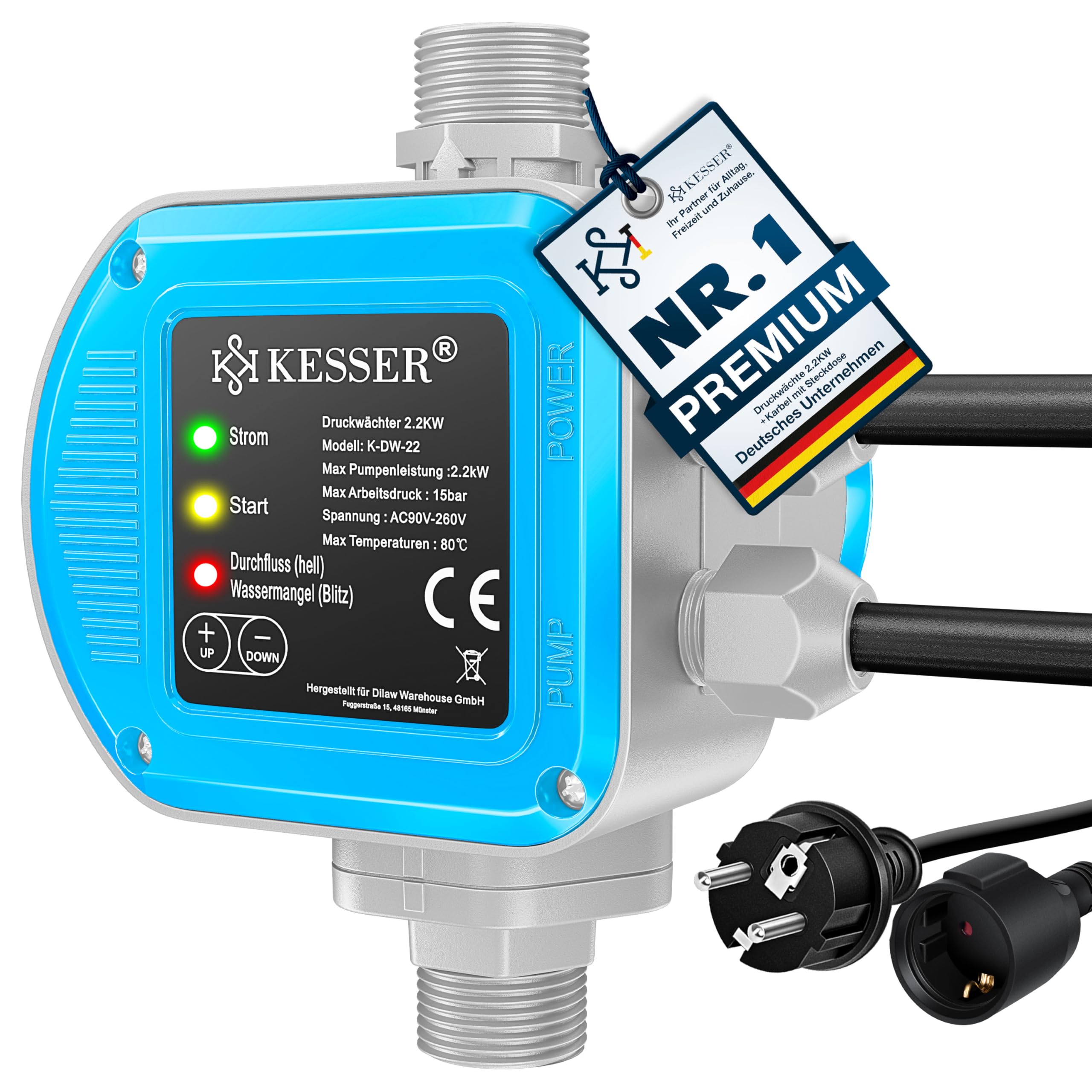 KESSER® Druckwächter Druckschalter | 15 bar Pumpensteuerung | Hauswasserwerk | Gartenbewässerung | Mit Kabel | konstanter Wasserdruck | Garten & Haus | automatisches Ein- und Ausschalten, Blau