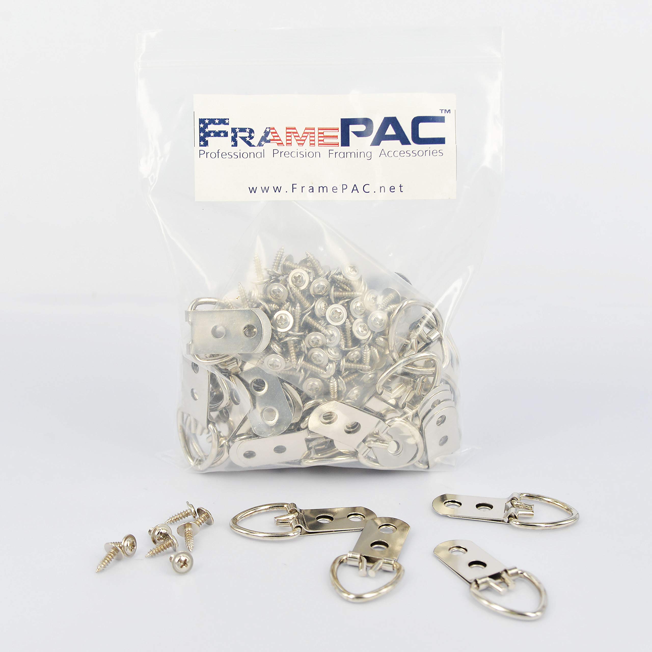 FramePac D-Ring Double Hole Reinforced Picture Hangers with Screws [50 Pack] - (AKA Picture Hanging Hardware, Picture Frame Hanger, Picture Hanger Hooks, Picture Hooks for Hanging)