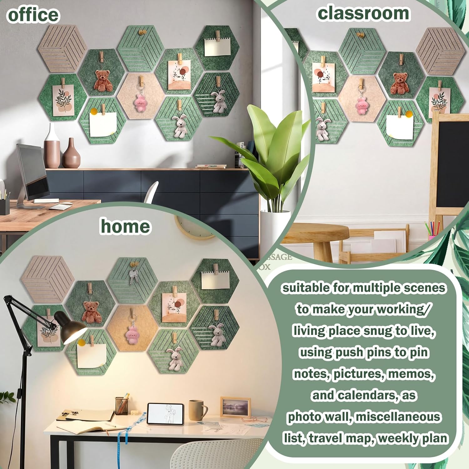 Zhehao Sage Green 15 Pack 12'' Large Hexagon Cork Bulletin Board Tiles Adhesive Frameless Corkboard Prayer Vision Cork Board for Office Wall Decor, Hex Tack Pinboard with 20 Push Pin 20 Wood Clip