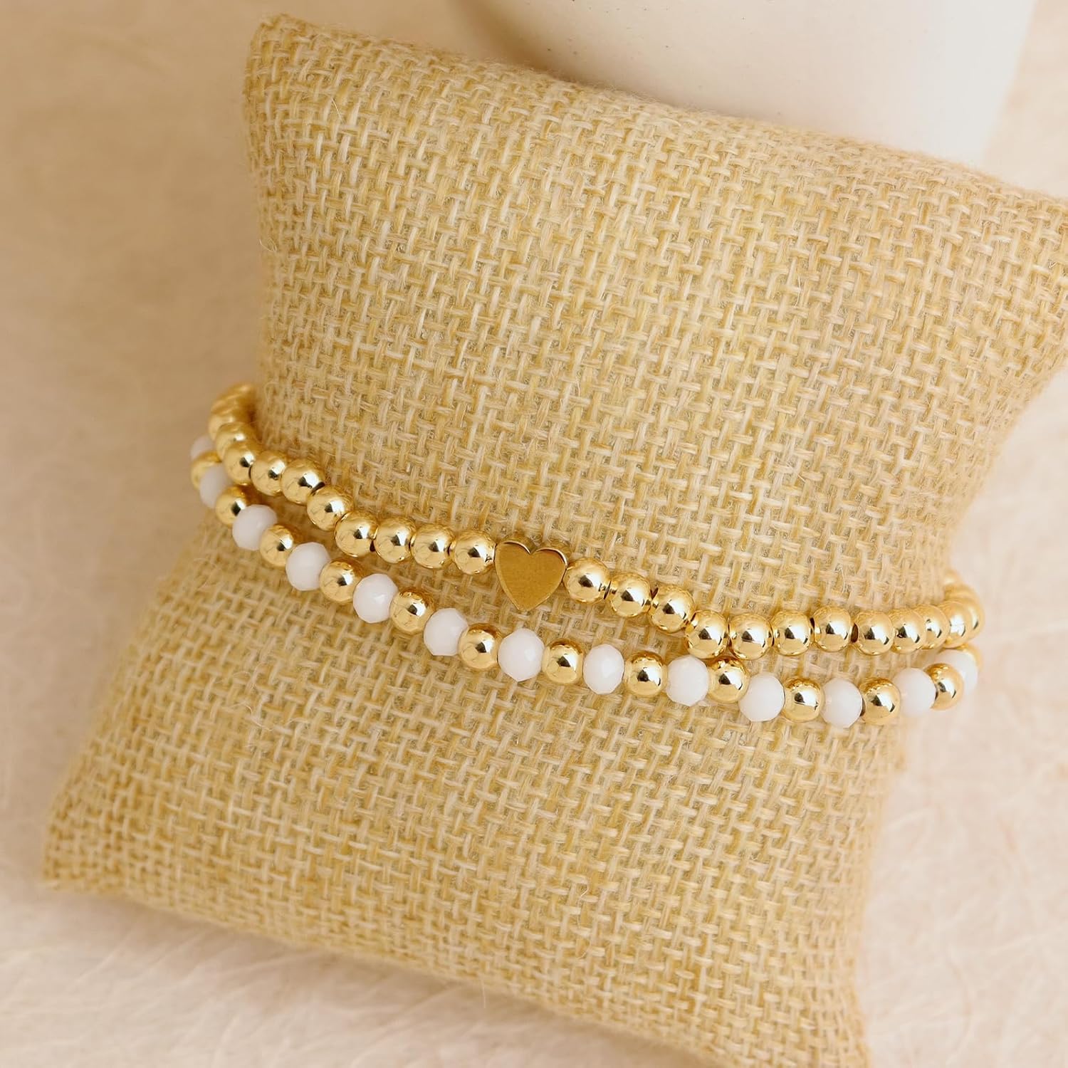 Valentines Heart Gold Beaded Bracelets Set for Women, Trendy Handmade Adjustable Pearl Beads Stackable Stretch Bracelet Everyday Fashion Jewelry Gift. - Image 7