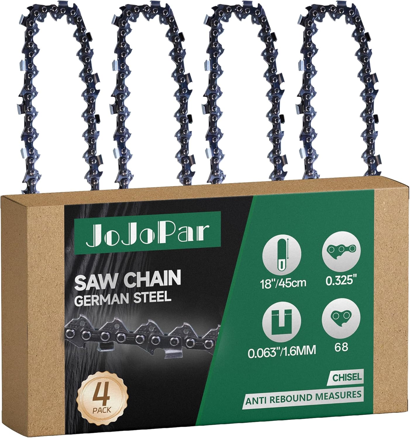 4 Pack 18 Inch Chainsaw Chain .325" Pitch .063" Gauge 68 Drive Links 18 Inch Replacement Low Kickback Saw Chains Compatible with MS250 MS251 26RS 68 Husqvarna H26 68 Carlton Oregon and More V68