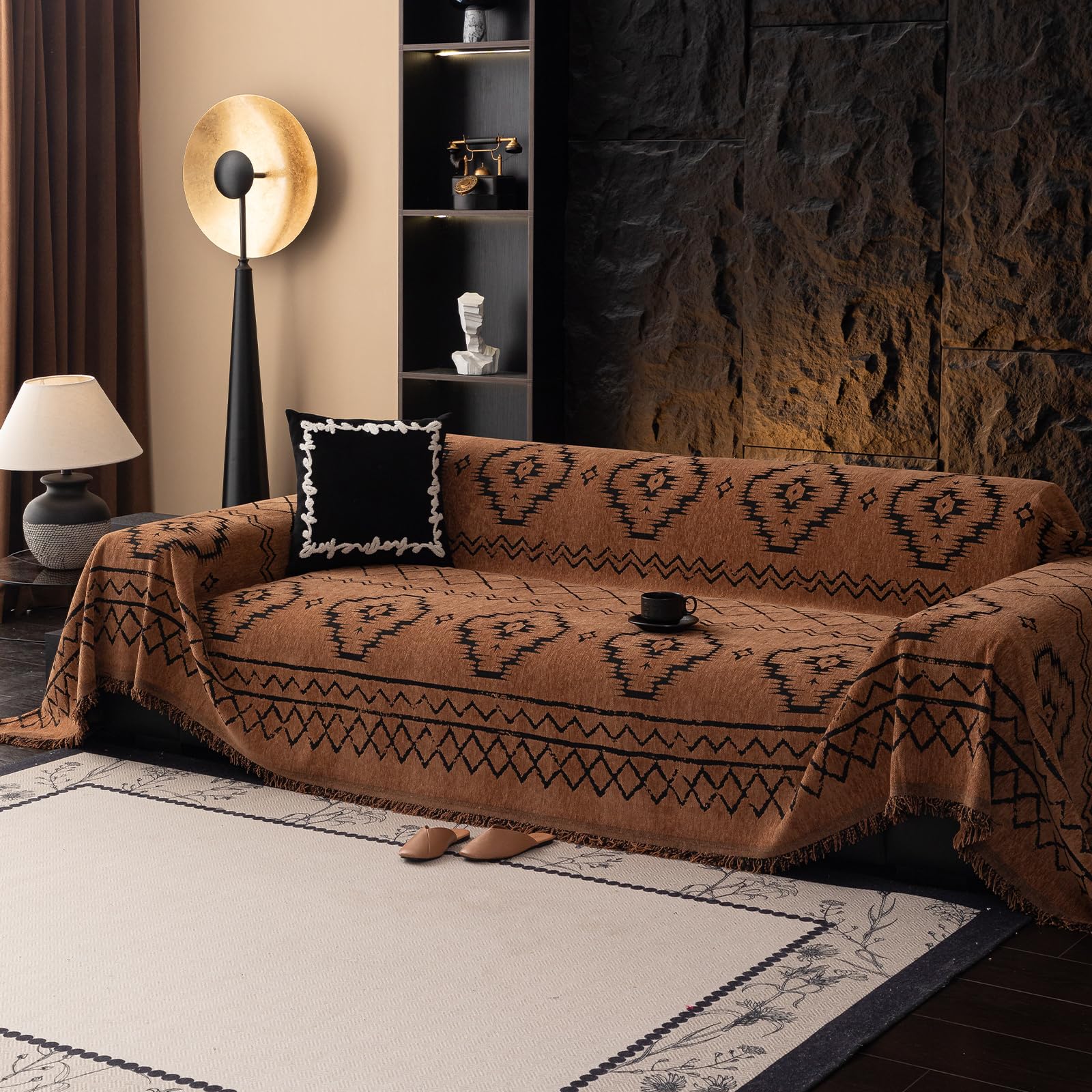 DREAMINGO Khaki Couch Cover Boho Sofa Cover with Tassel for Living Room Reversible Pet Couch Protector for 3 Cushion Couch Sofa Chenille Couch Cover Blanket Sectional L Shape Sofa Slipcover, 71"x134" โ image 1