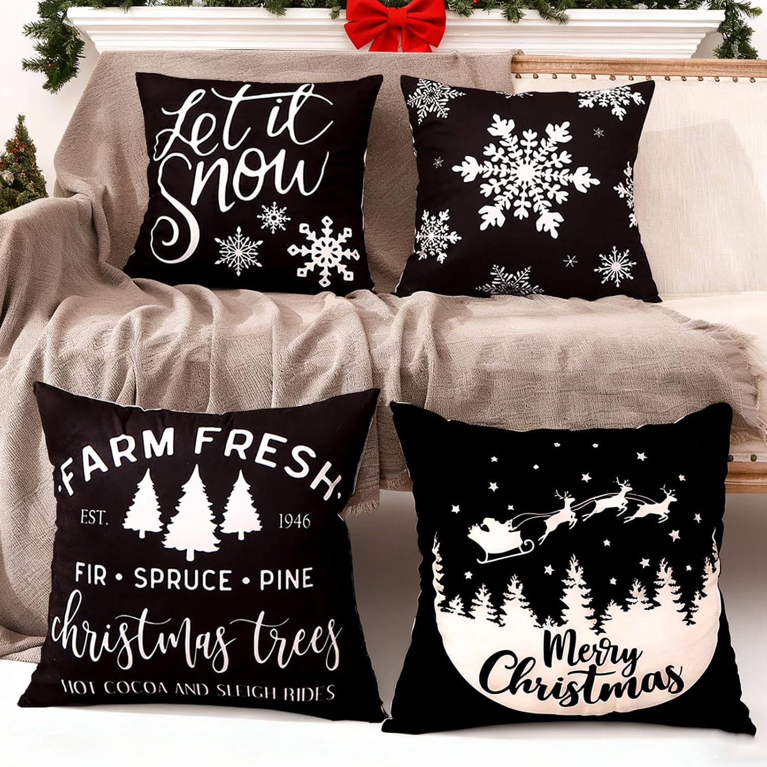 JOJOGOGO Red Candy Cane Christmas Decorations Throw Pillow Covers 18x18 Set of 4, 18 x 18 Snowflakes Christmas Winter Holiday Pillow Covers for Bed Sofa Couch and Farmhouse Indoor Xmas Decor Pillows