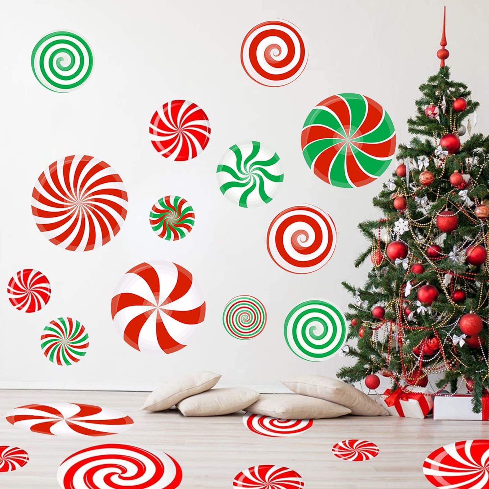 54 Pcs Christmas Candy Wall Decals Decorations Christmas Wall Stickers Peppermint Candy Floor Decals for Xmas Candyland Party Decorations
