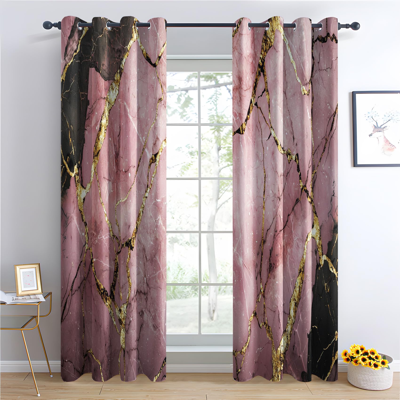 Rideau Occultant Marbre - Décoration Marbre, Rideau Thermique Motif Rose et Or Abstrait Moderne Luxe, Lot de 2 Rideaux Opaque à Oeillets pour Fenetre Chambre Salon, 117x137 cm (LxH)