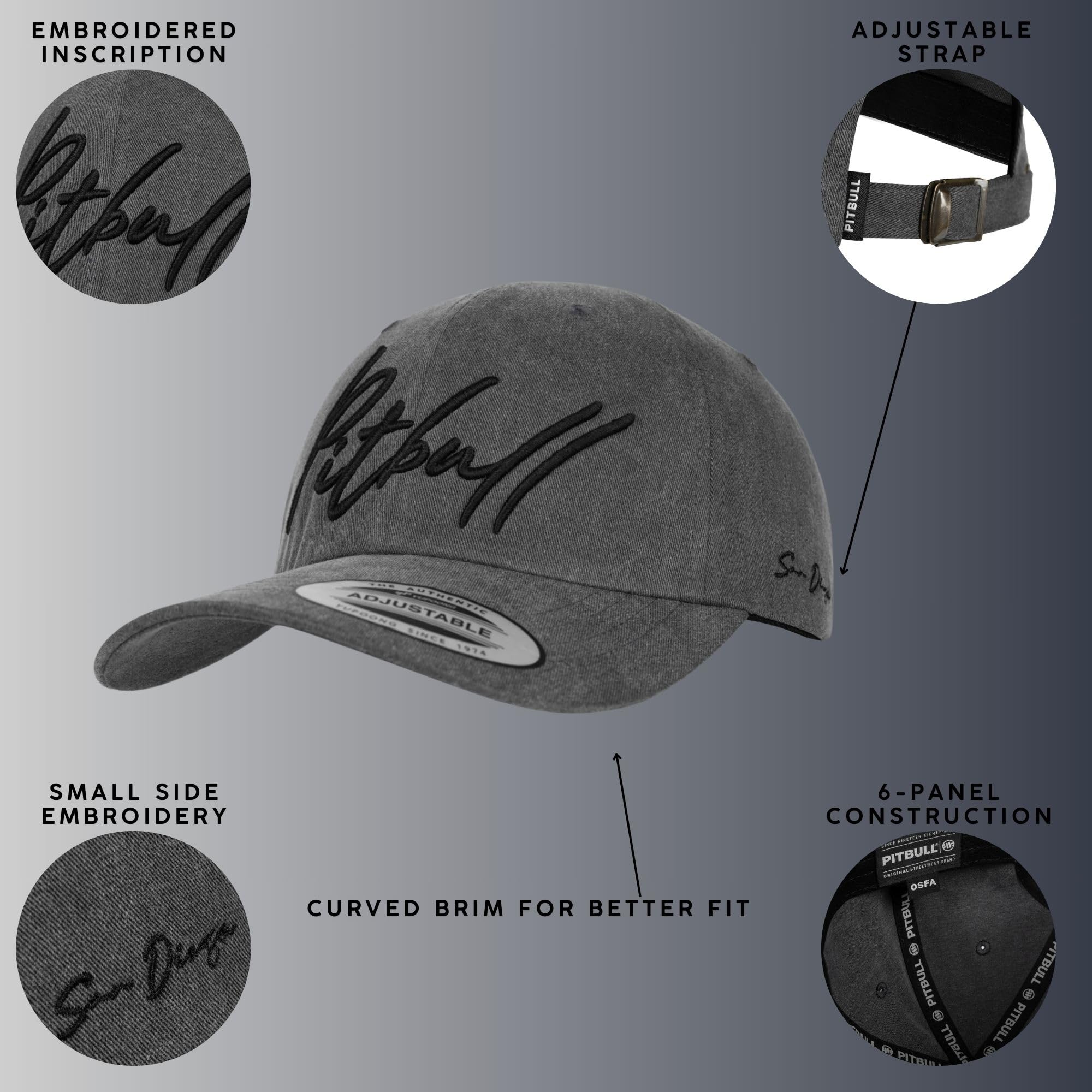 PITBULL Snapback Cap SAN Diego – Baseball Cap Herren Damen, verstellbare Kappe, gebogener Schirm, Baumwolle Cap, Streetwear Mütze, Unisex Freizeit