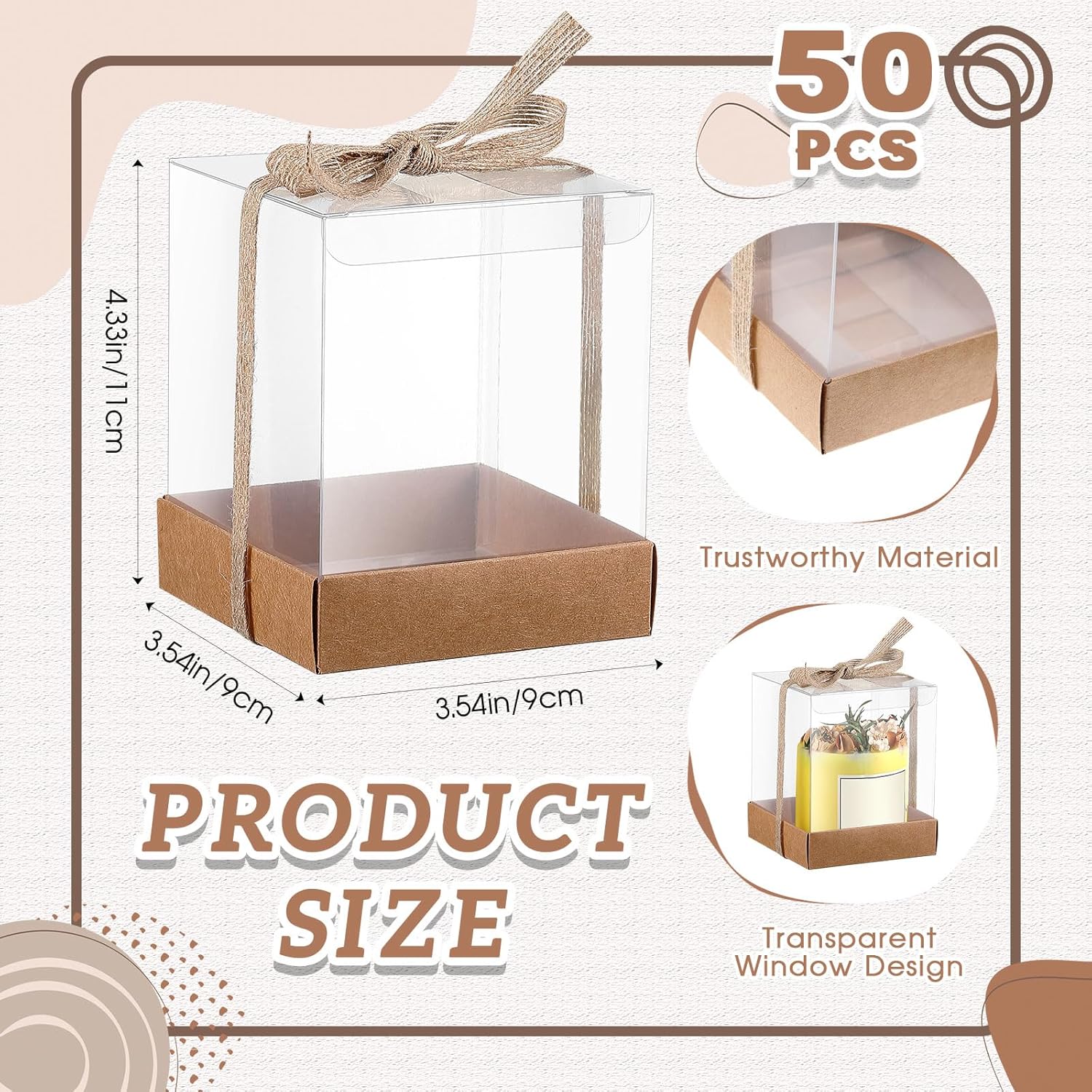Cunno 50 Sets 3.5 x 3.5 x 4.3 in Candle Gift Package Valentine's Transparent Box 4-18 oz Handmade Tealight Candle Holder Paper Bottom Ribbon for Wedding Baby Shower Party Mug (Brown)