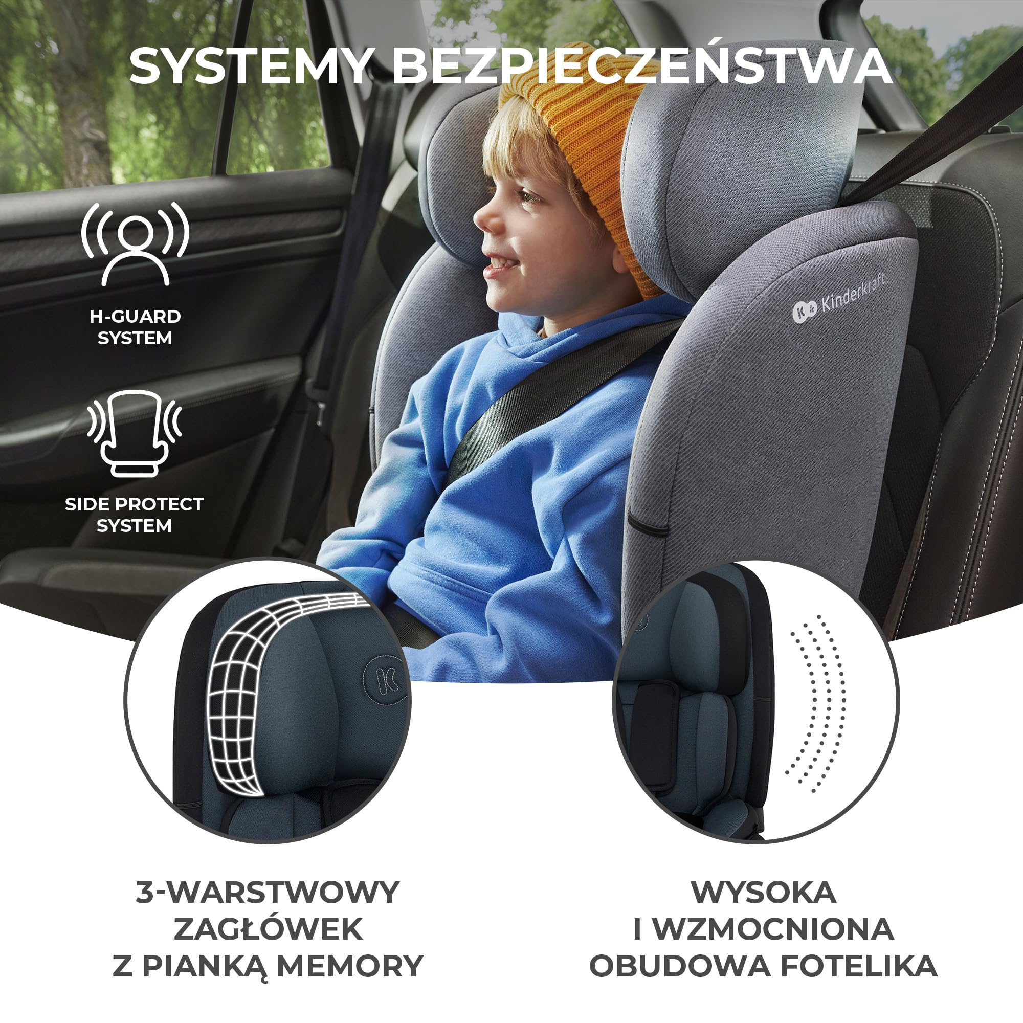 Kinderkraft ONETO3 Fotelik samochodowy z bazą, I-Size 76 do 150 cm, Systemy bezpieczeństwa, Isofix, Reclining, Wzmocniony zagłówek, Wkładka dla najmłodszych, Grupa wiekowa 1/2/3, do 36 kg, Czarny