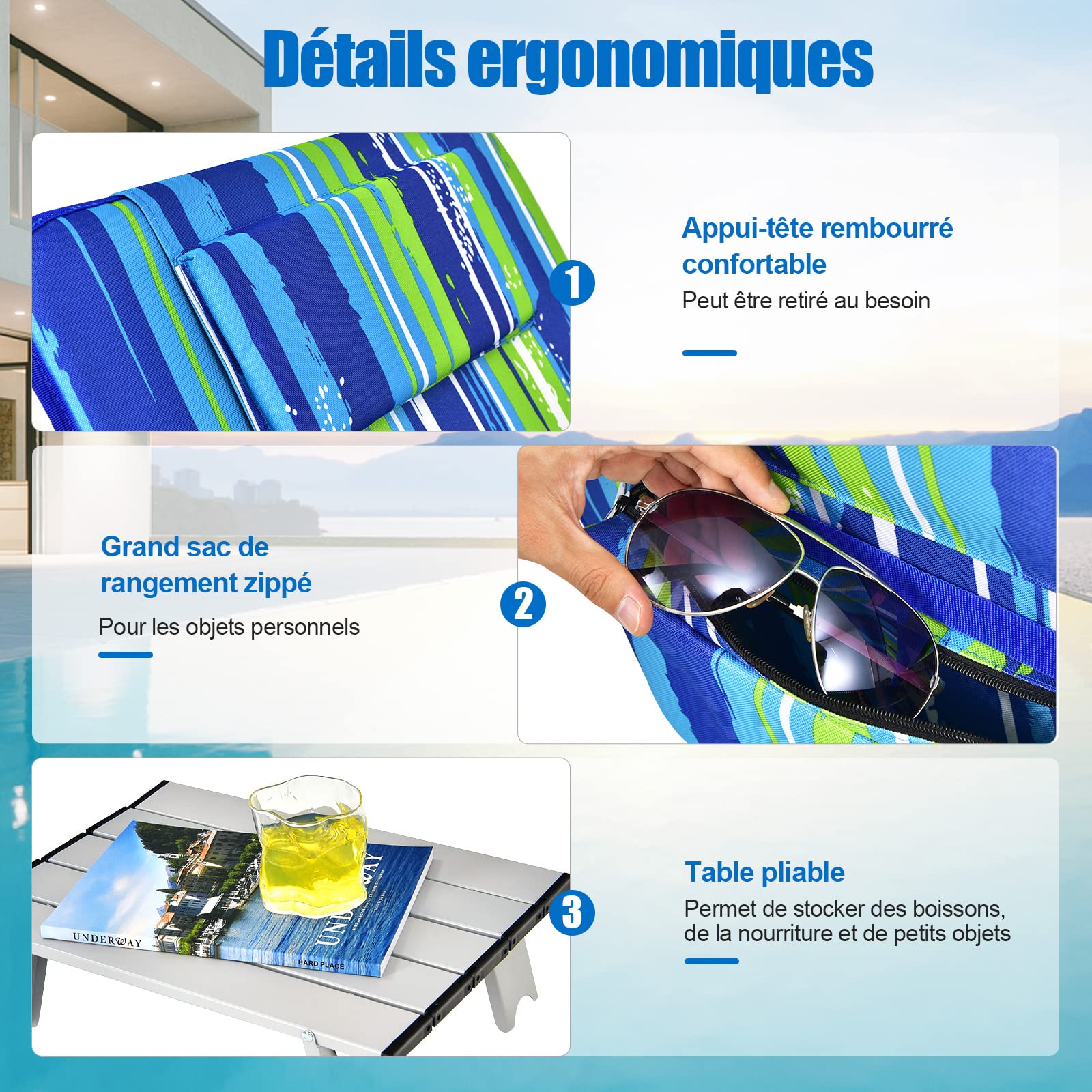 GOPLUS - Colchón de playa ajustable de 5 posiciones con mesa baja, 2 alfombrillas de playa con reposacabezas, mesa auxiliar portátil, diseño plegable, ideal para patio, piscina, terraza (azul verde)