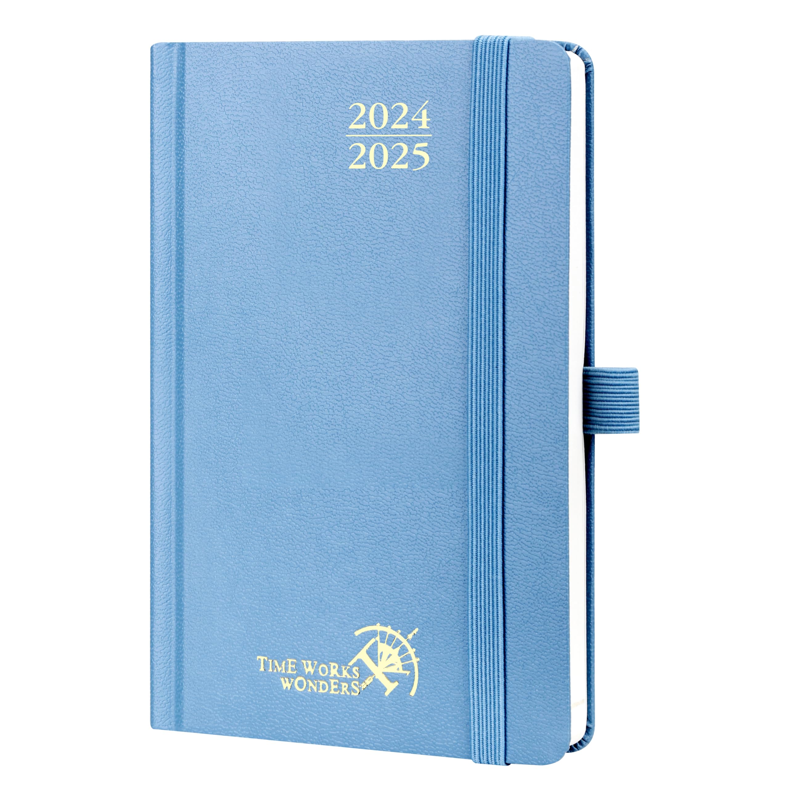 POPRUN Agenda 2024 2025 de Bolsillo 16 x 10,5 cm, Planificador Semana Vista A6 con Tapa Dura, 17 Meses de Ago.2024 a Dic.2025, Banda elástica, 80 GSM Papel, Azul Neblina