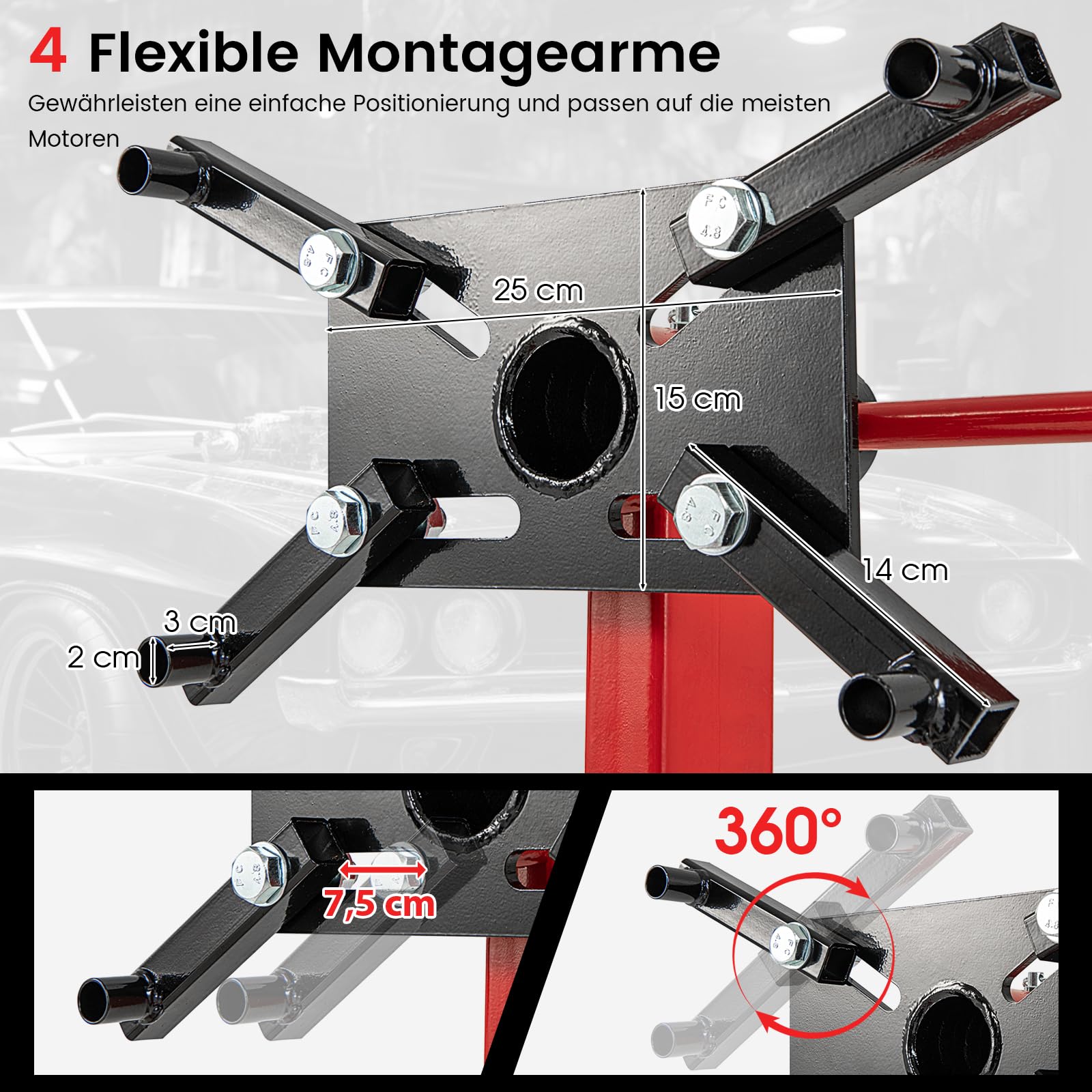 GYMAX Soporte de Motor de 3/4 Toneladas de Capacidad con Cabezal Giratorio de 360°, 4 Brazos Ajustables, 4 Ruedas Universales, Resistente para Taller de Reparación de Automóviles, Garaje, Rojo
