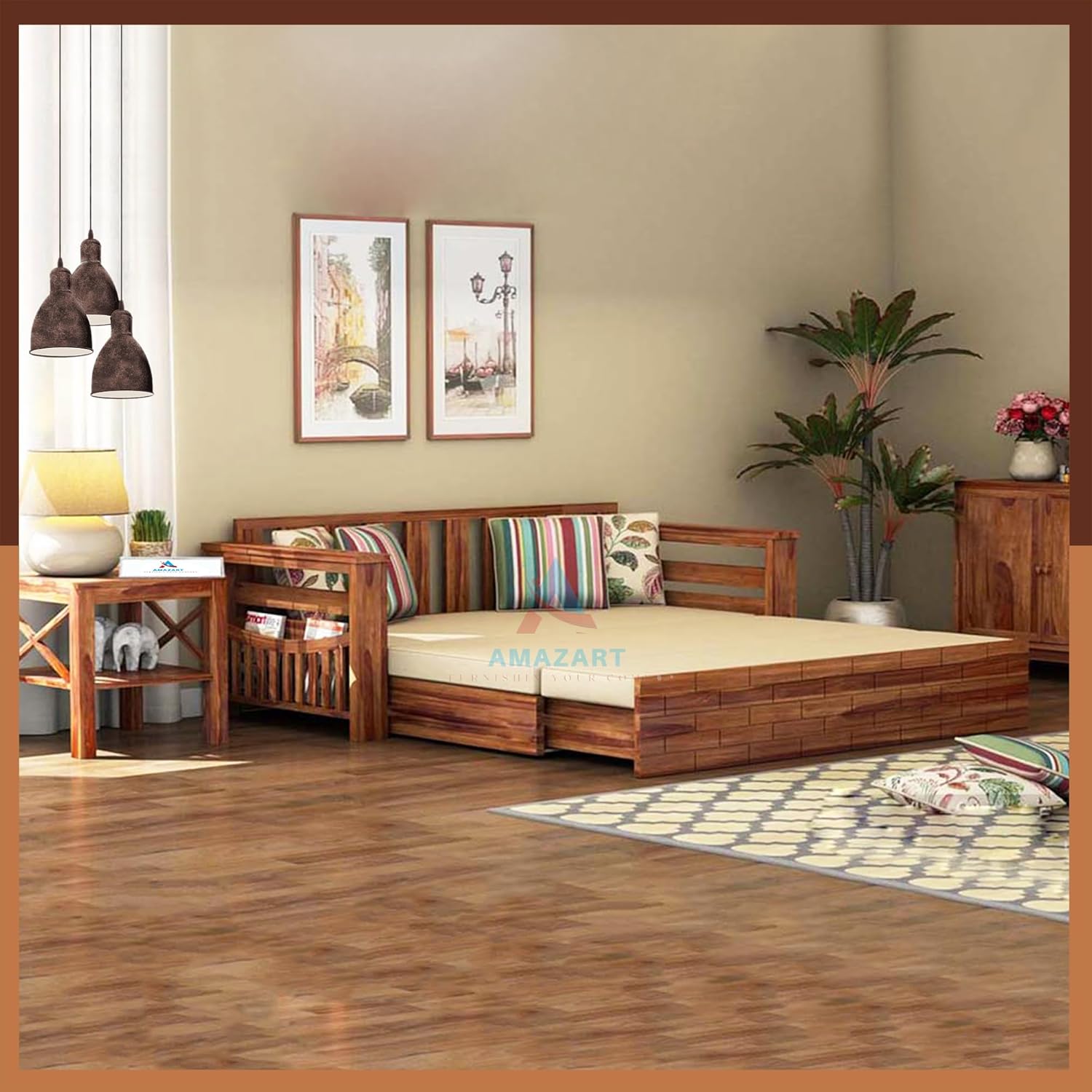 Sheesham Wood 3 Seater Sofa Cum Bed with Storage Side Pockets for Living Room | Three Seater Sofa Com Bed | Wooden Sofa Bed for Home | 3-Person Sofa | Brick Design, Natural & Cream Sheesham Wood 3 Seater Sofa Cum Bed with Storage Side Pockets for Living Room | Three Seater Sofa Com Bed | Wooden Sofa Bed for Home | 3-Person Sofa | Brick Design, Natural & Cream