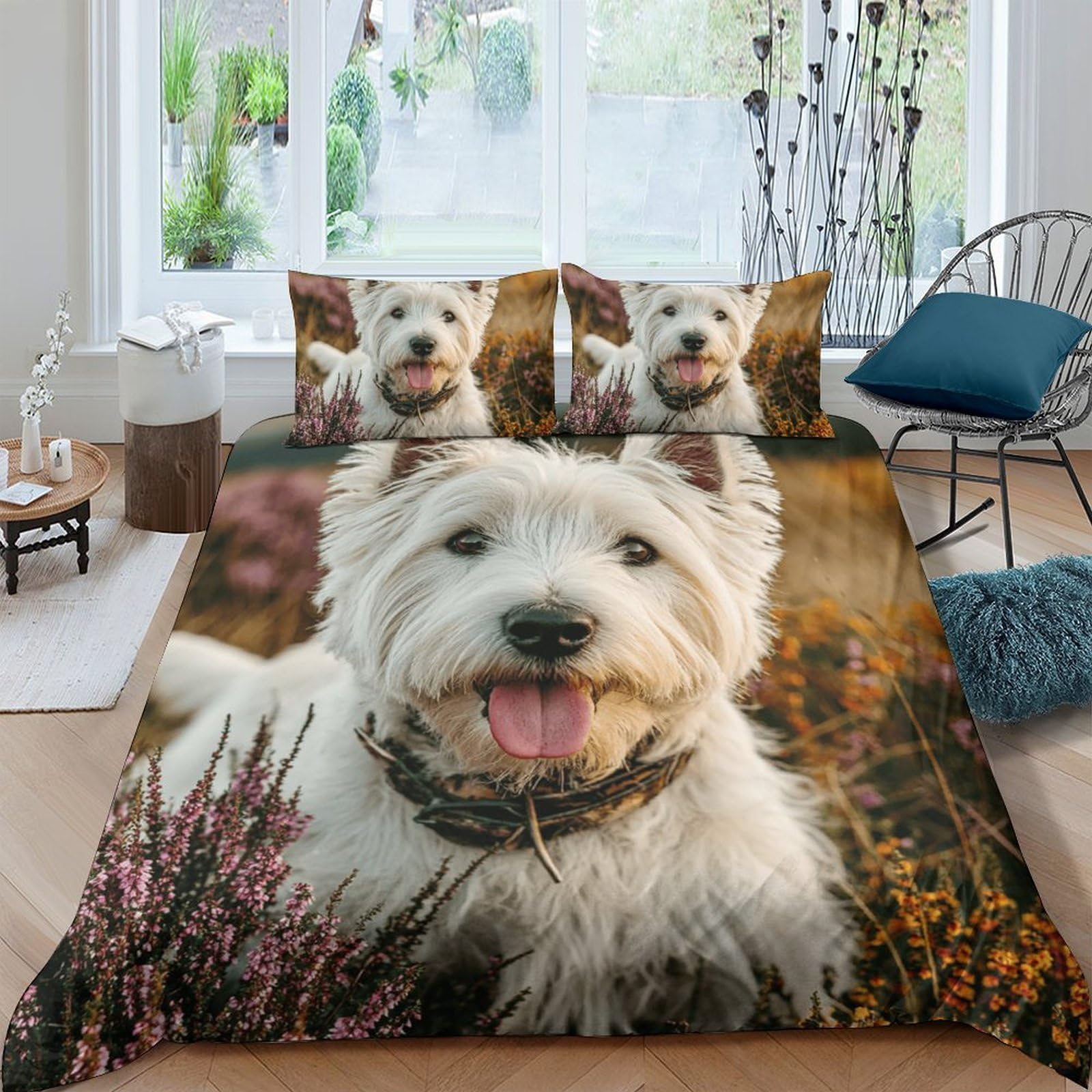 Ctjqhvkz Style-10 3D Printed White Westie Dog Fitted Sheet Microfiber Soft Breathable Autumn Meadow Bed Cover For Bedroom Decor Single（135X200cm）