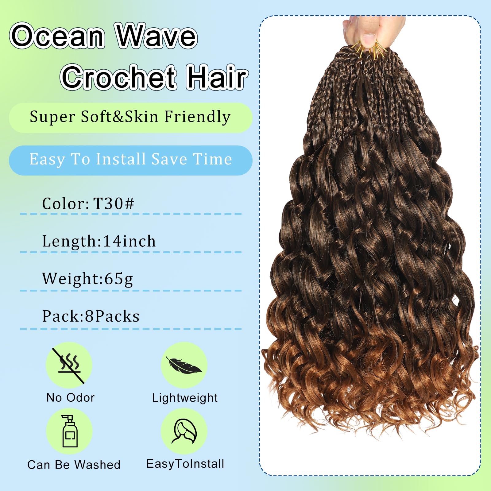 FLWAI Pre Looped Ocean Wave Crochet Hair 14 Inch 8 Packs Boho Style Hair Extensions Short Curly Crochet Hair Pre Twisted Synthetic Deep Wavy Curly Braiding Hair for Women (T30) - Image 2