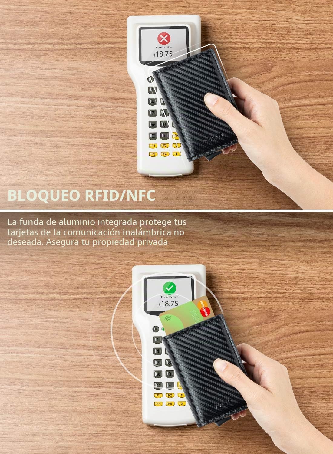 VULKIT Pocket Cartera Tarjetero Hombre Piel Fibra de Carbon con Aluminio Caso RFID Bloqueo Tarjetero Minimalista con 3 Ranuras para Tarjetas y Billetes