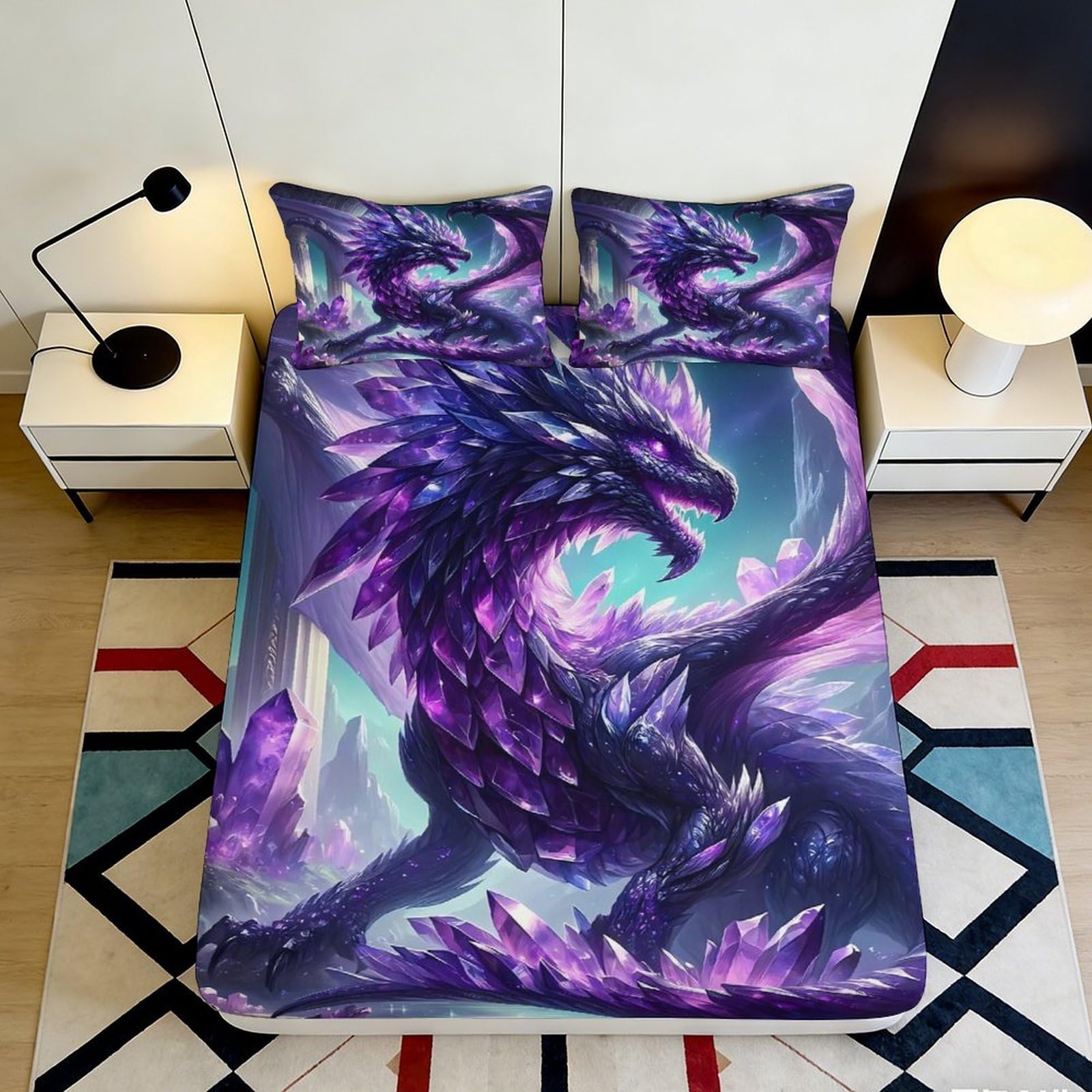 3D Printed Purple Crystal Dragon Fitted Sheet Microfiber Soft Breathable Mystic Fantasy Bed Cover for Bedroom Dormitory Guest Room Mattress Protection 200x200x25cm
