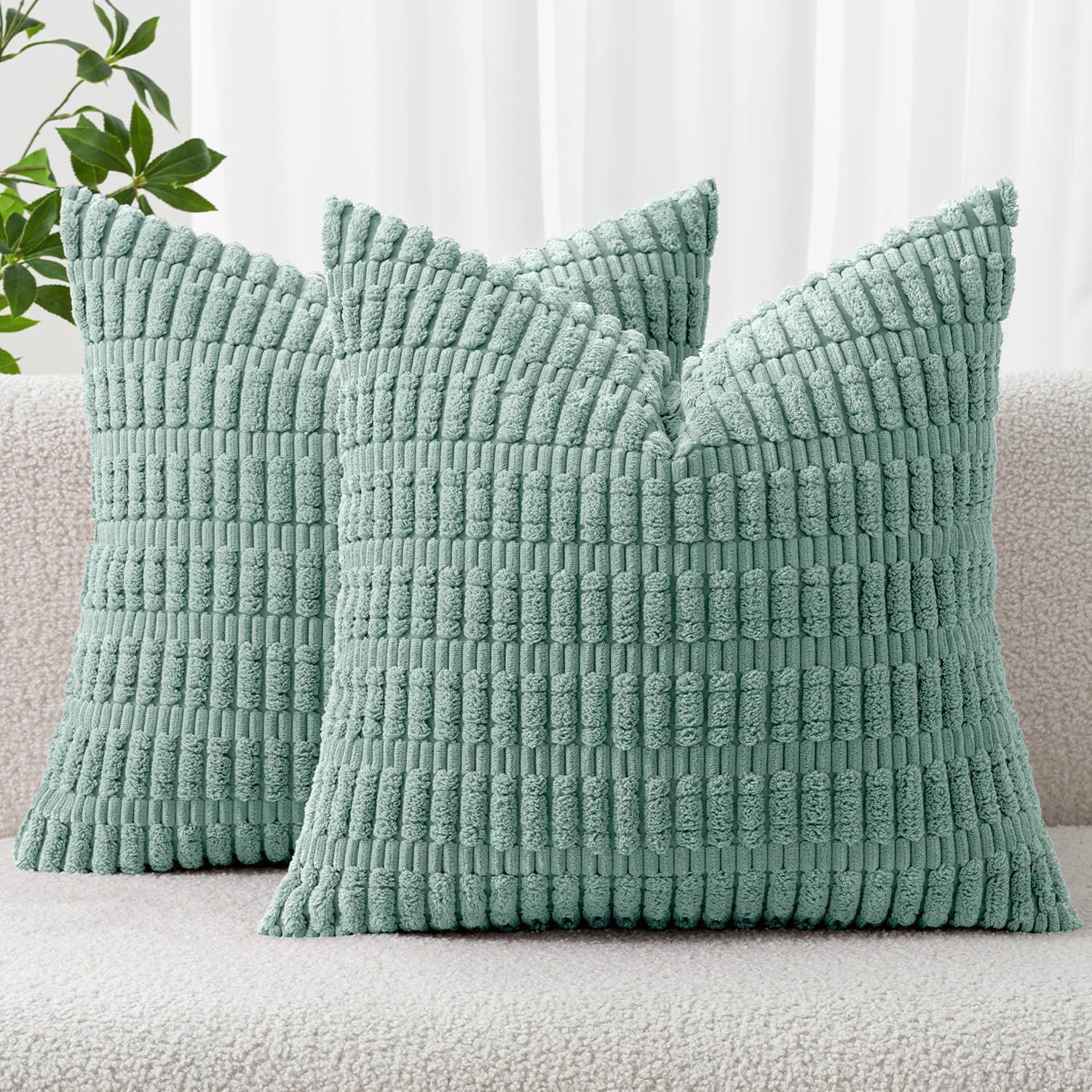 MIULEE Corduroy Decorative Throw Pillow Covers 18x18 Teal Green Pack of 2 | Soft Boho Striped Pillow Covers Modern Farmhouse Home Decor For Sofa Living Room Couch Bed 18" x 18" (Pack of 2) Teal Green 2