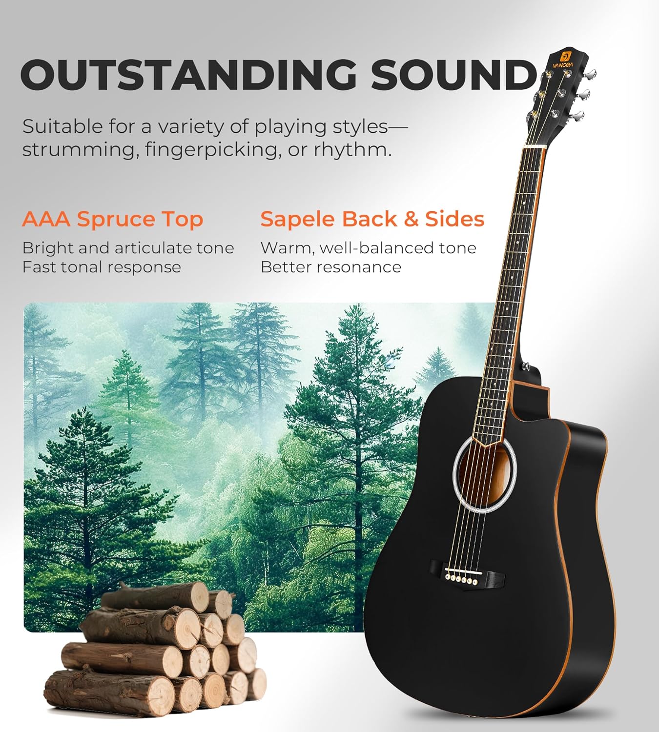 Vangoa 41" Acoustic Guitar Bundle for Adults Beginners Teens Dreadnought Full Size Cutaway Guitarra Acústica Kit with Wooden Bindings, Gig Bag, Tuner, Steel Strings, Capo, Strap, Black