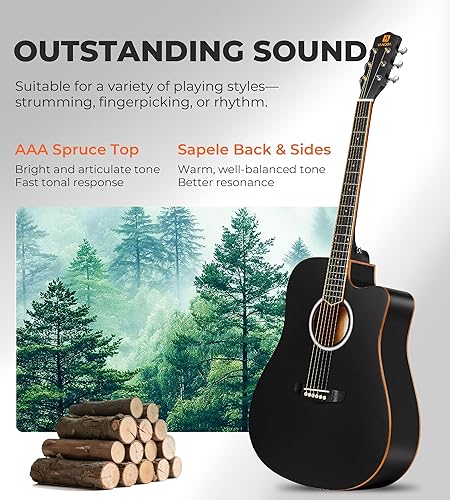 Miniatura 3 de Vangoa Guitarra acústica negra para principiantes adultos adolescentes tamaño completo kit de iniciación de guitarra acústica de 41 pulgadas Negro,