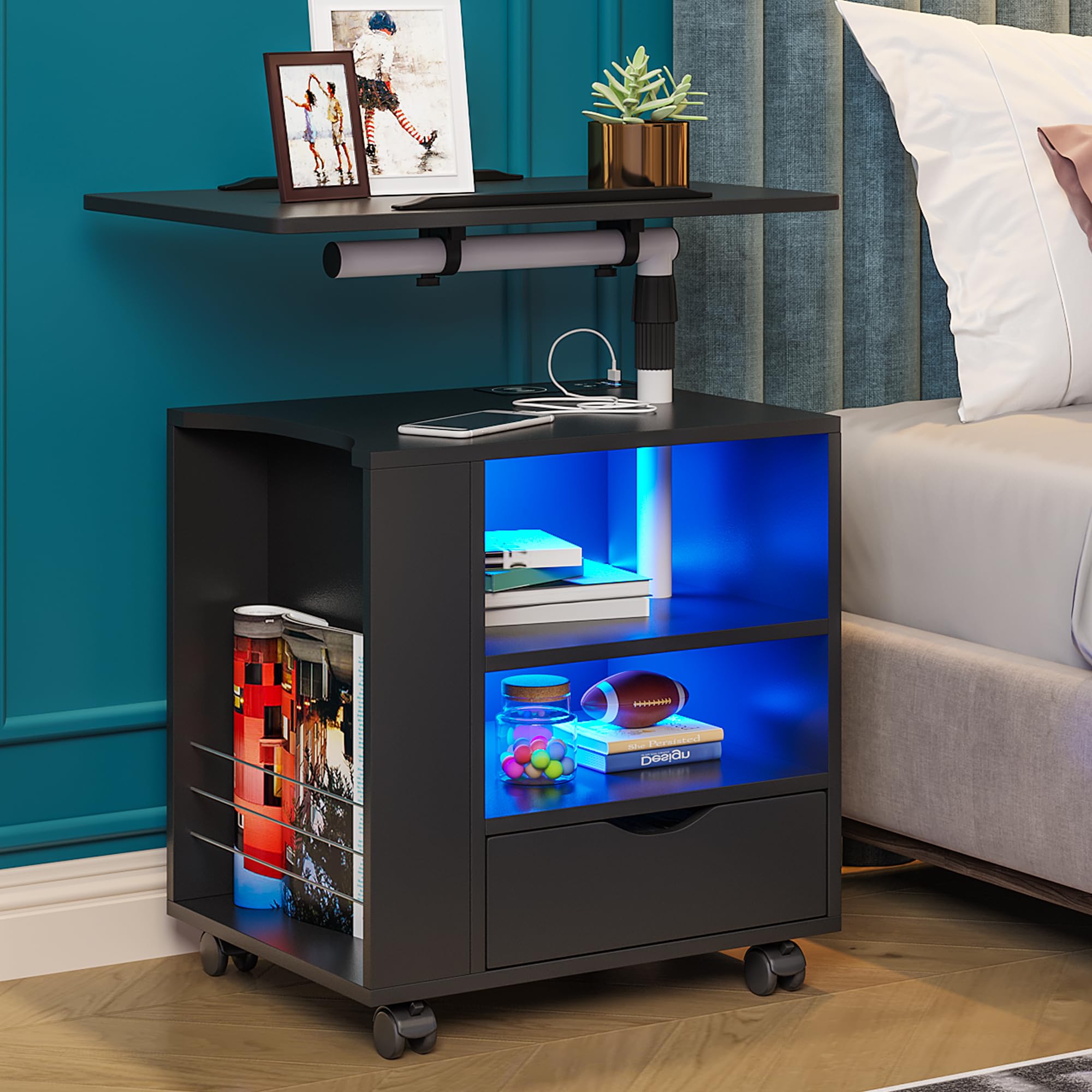 Auto LED Nightstand with Charging Station, Black Bedside Tables with Adjustable Rotary Table, Night Stands with Human Body Induction/3 Color Lights/Wireless/Type-C/USB Charging(On The Left)