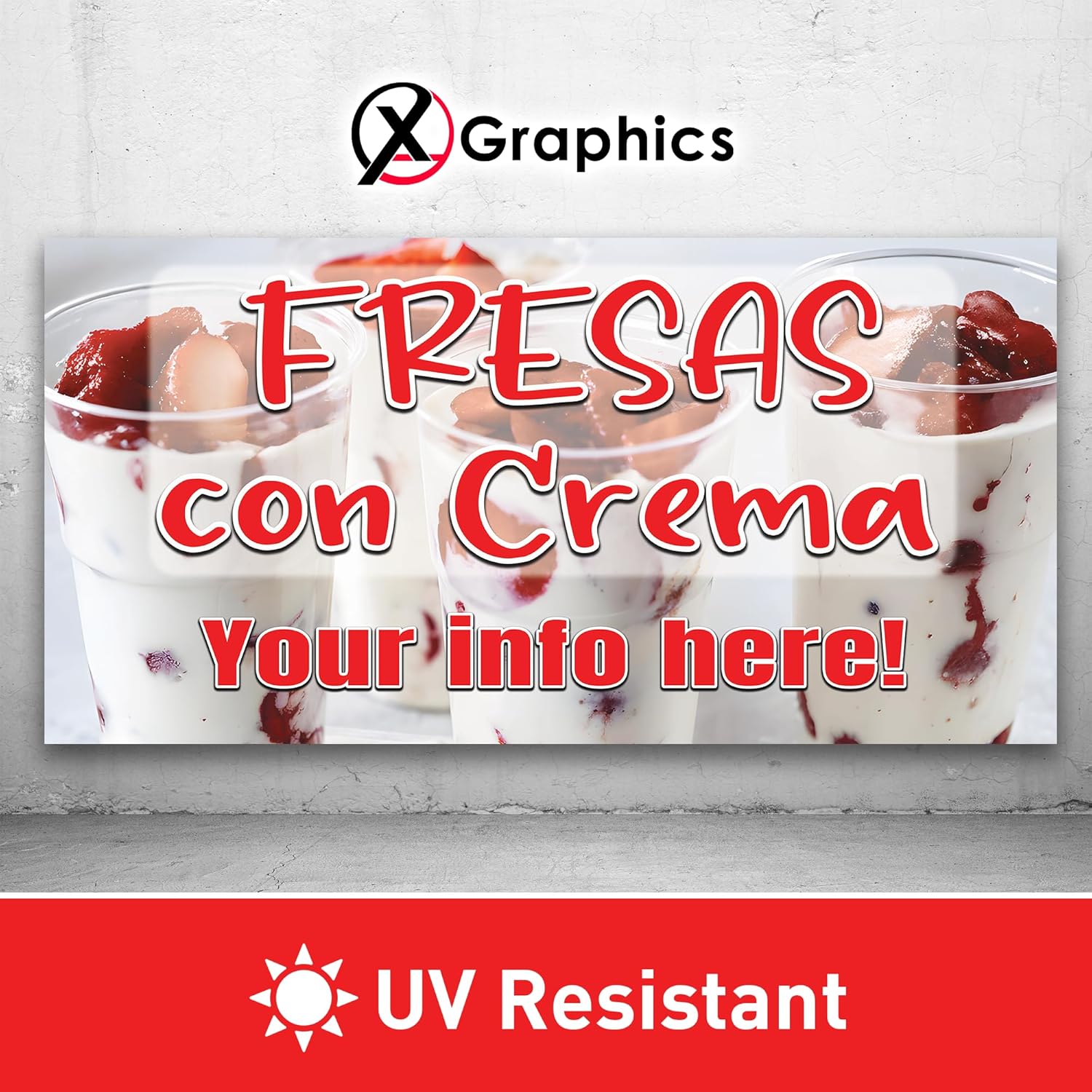 Fresas con Crema 13 oz heavy duty vinyl banner sign with metal grommets, advertising, flag, many sizes, custom banner, custom phone, Fresas con Crema Lona