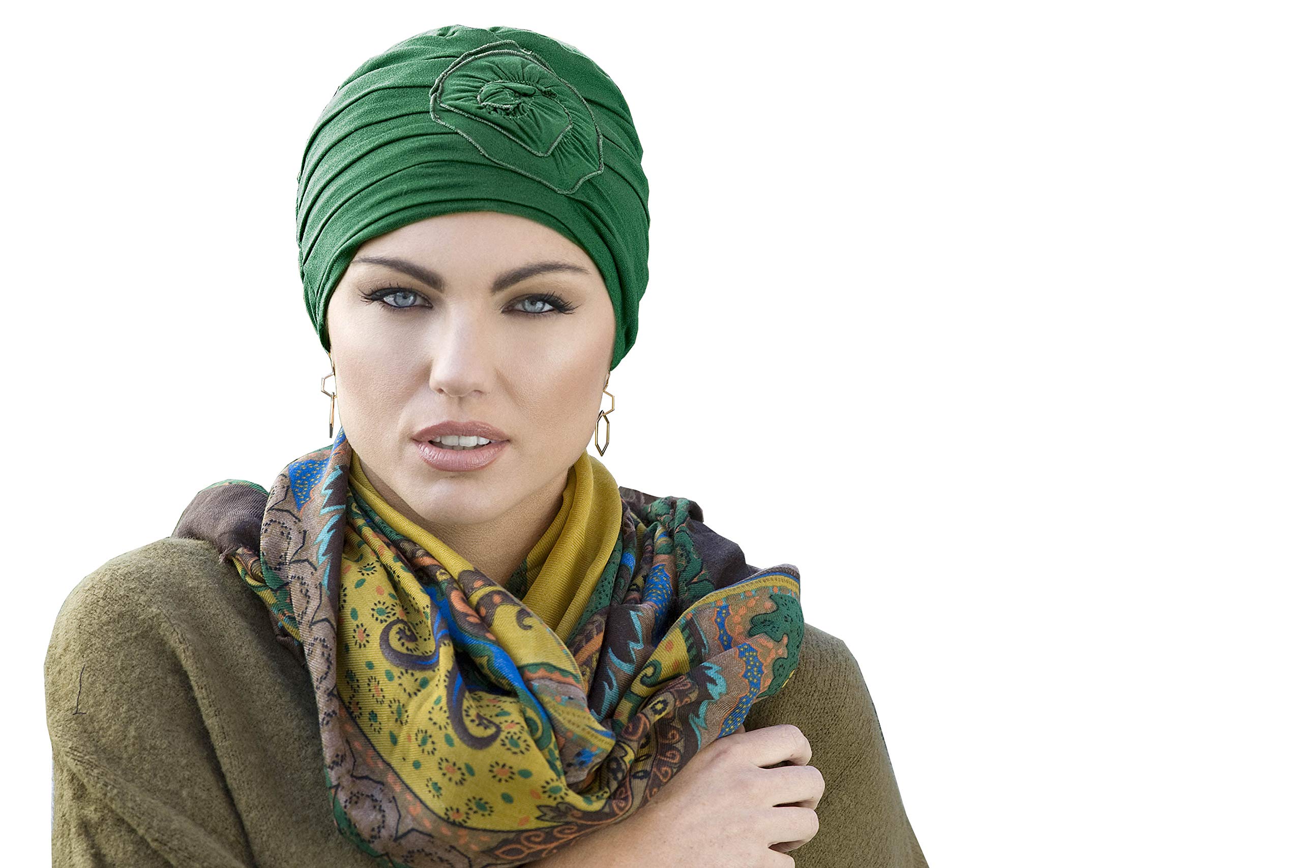 MASUMI Chemo Turbans for Women | Chemotherapy Headwear for Women | Chemo Head Scarf | Cotton Hat for Alopecia and Girls| Cancer Hair Loss Primrose (Green Forest)
