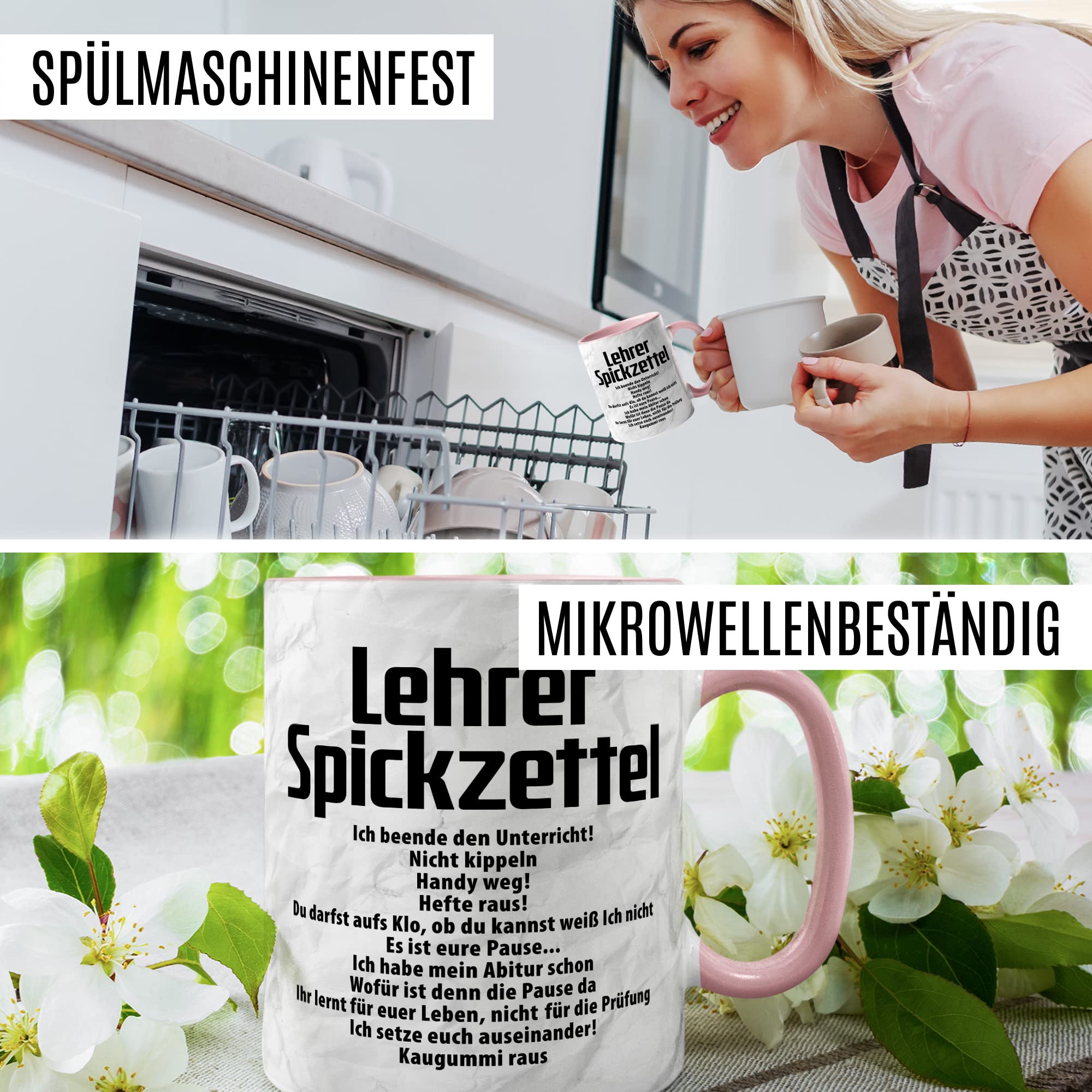 Lehrer Tasse, Lehrer Spickzettel, Geschenkidee lustig Lehrerin Lehrerin Beruf Spruch lustig Grundschule, Geschenk Kollegen Schule (Weiß/Pink)