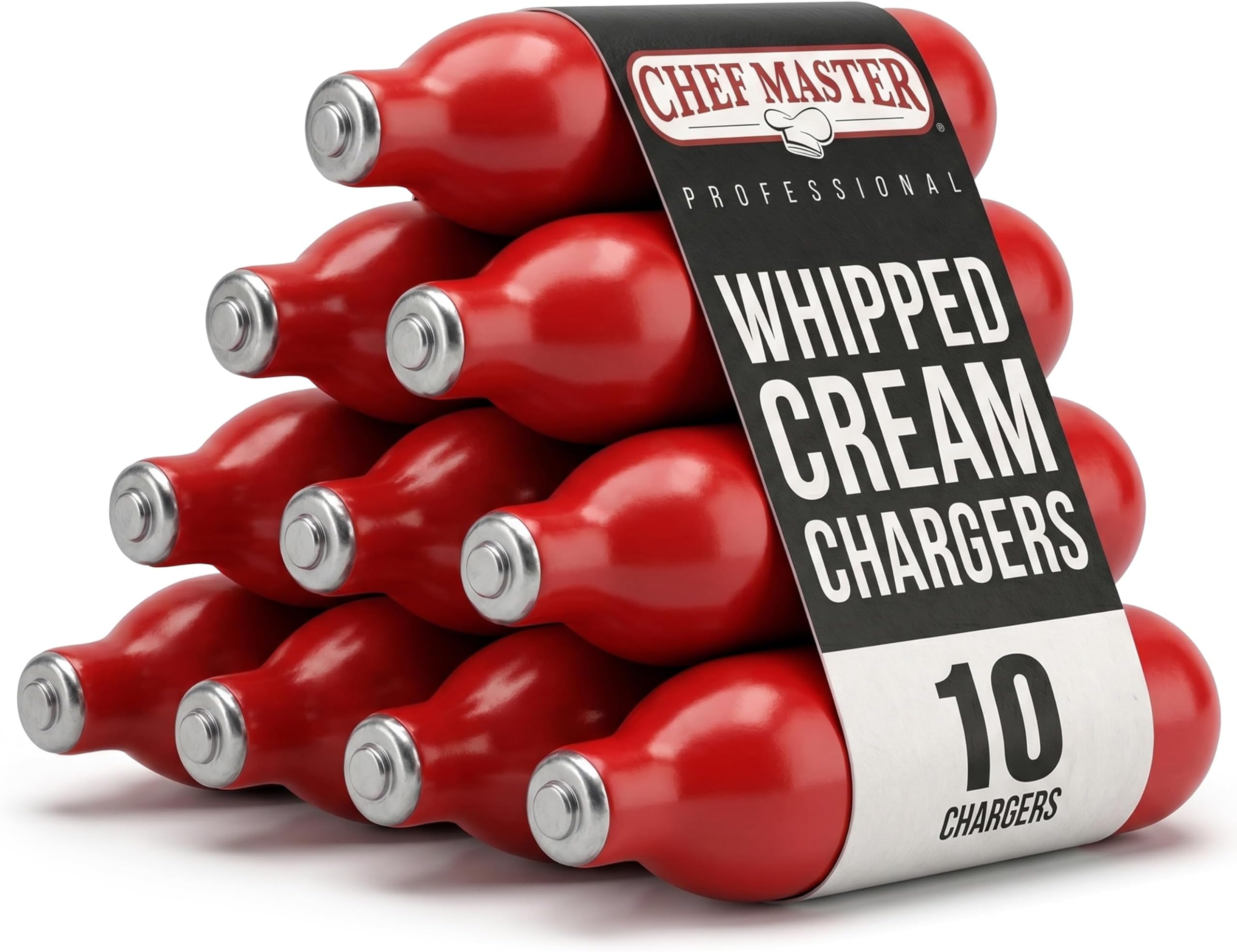 Chef Master Whipped Cream Charger (10-Pack) - N2O Cream Chargers for Professional Creams Dispensers - 8g Nitrous Oxide Cartridges - Food Grade Gas Refills for Whipping, Culinary Foams & Desserts
