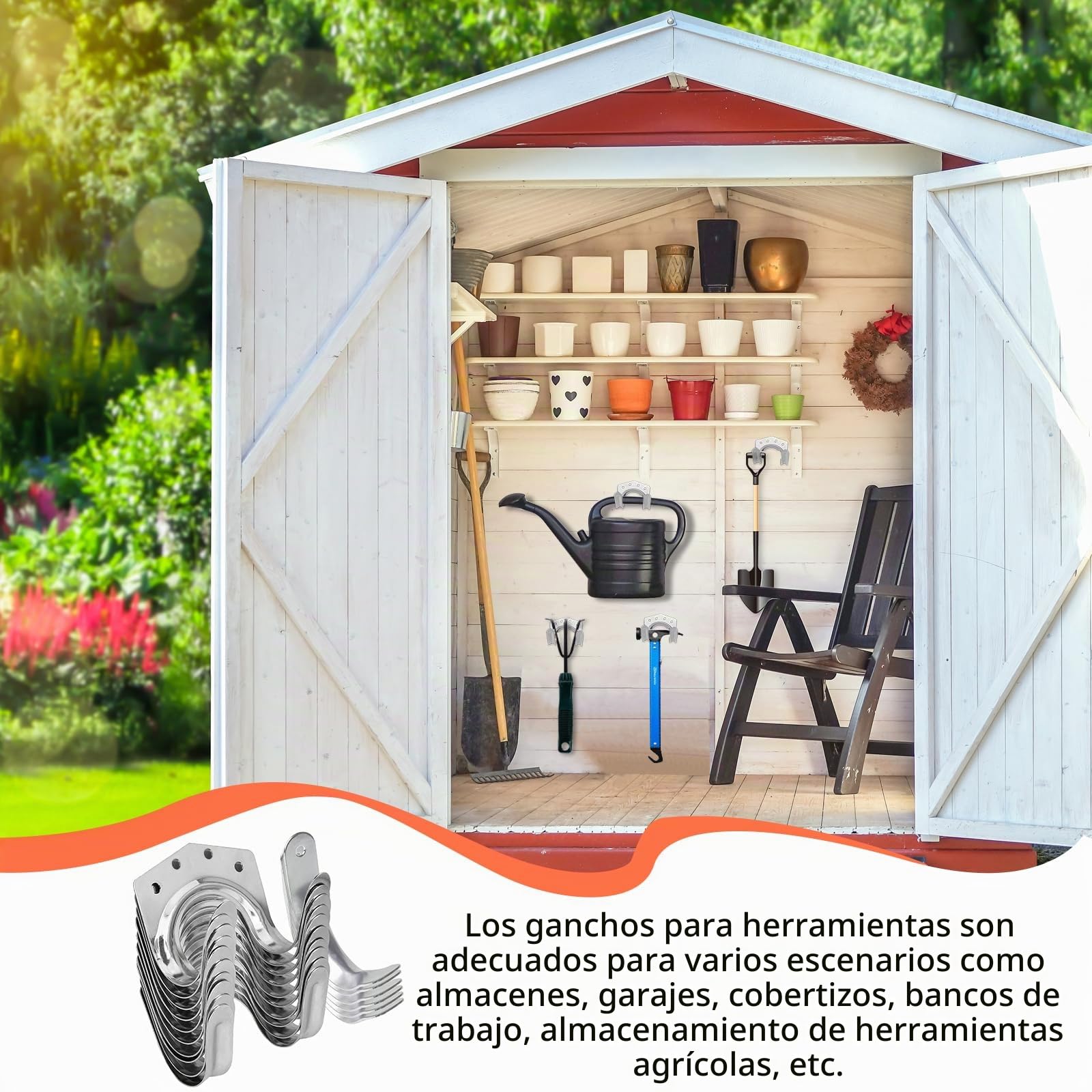 Paquete de 18 Ganchos Portuherramientas de Jardín, Soporte de Gancho Simple/Doble para Cobertizo, Jardín, Bicicleta con 30 Tornillos, 1 Destornillador (Plateado)