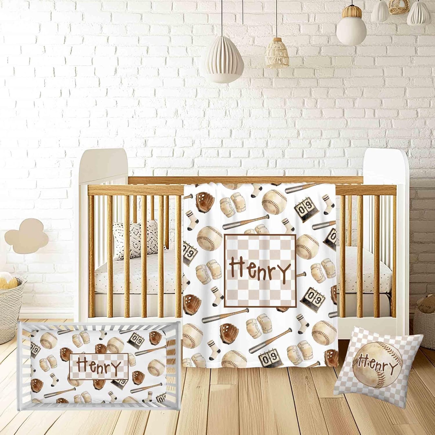 Personalized Baby Crib Bedding Set for Boys Girls, Custom Name Baseball Nursery Bedding, 3 Pcs with Flannel Blanket, Fitted Crib Sheet & Pillow Cover for Newborn Infant Toddler