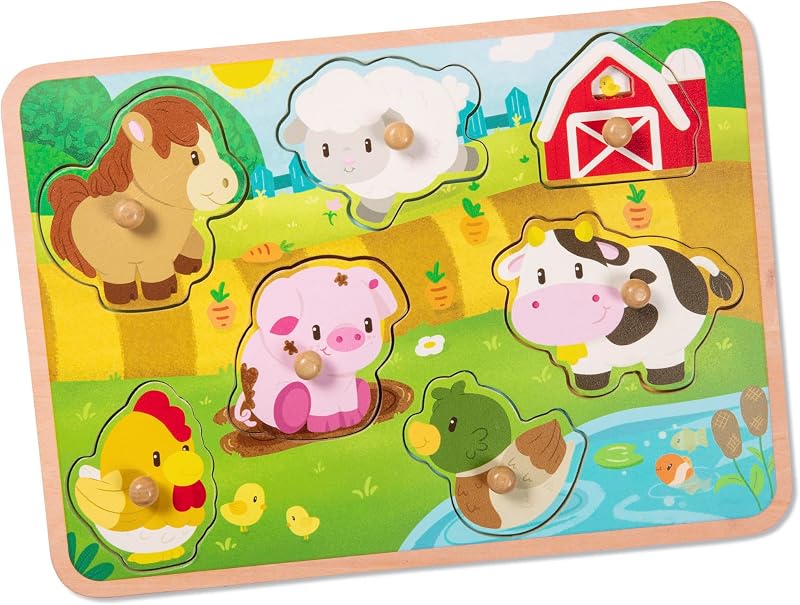 Battat Farm Animals Wooden Peg Puzzle, Farmland Toddler Toy, Wood Toys | 7 wooden pieces with easy-grip pegs and baby animal scenes under pieces for lift-and-match farm play, Wood Toys, 18+ Months