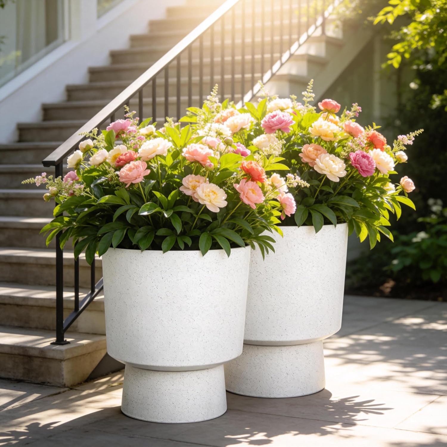 16.75"H Urn-Style Tall Planters, 2-Pack Modern Large Flower Pots for Outdoor Indoor, 2-in-1 Design Plant Containers for Garden Patio Yard Balcony Porch or Home Decor, White Terrazzo, UV-Protect