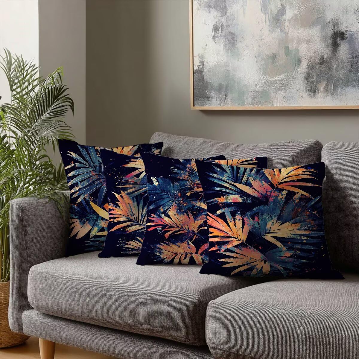 Federe Cuscini Divano 55x55 cm, Giallo Cuscini per Divano, Velluto Federe Cuscino Letto Impermeabili Set da 4, Copricuscini Foglie Motivo con Cerniera Invisibile Design per Sofá, Regalo Donna G-57