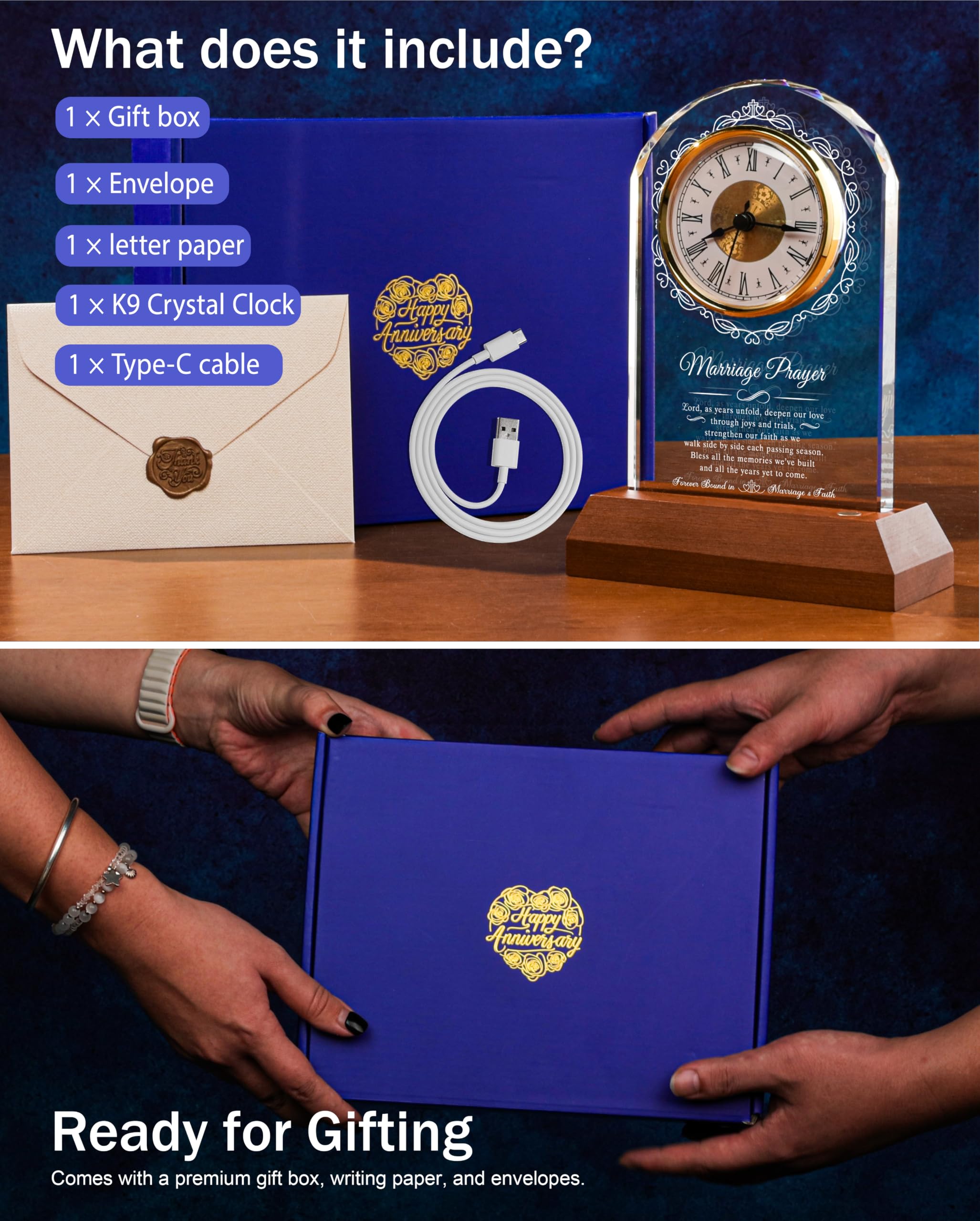 Regalos de boda para parejas 2026, reloj de cuarzo de cristal | Base de luz de madera, regalo de oración de matrimonio de feliz aniversario, regalo de compromiso único, para recién casados