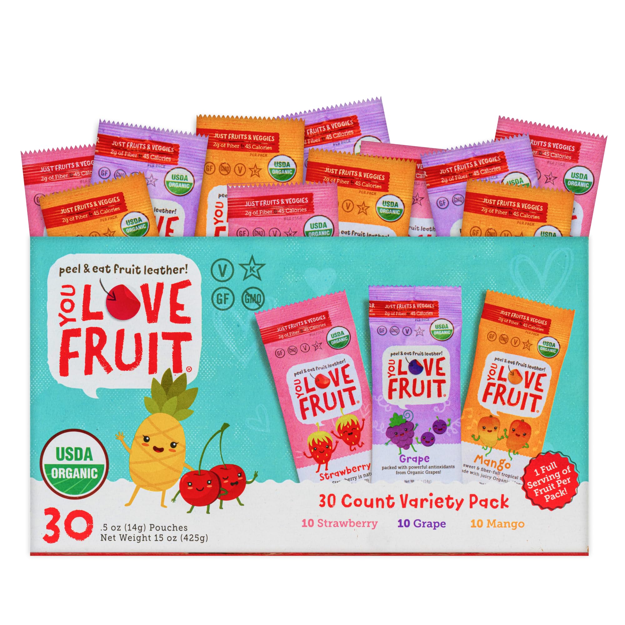 YOU LOVE FRUIT - Fruit Snacks Variety Pack 30 count, 100% Natural Gluten-Free, Vegan, Low Carb, Low Fat Fruit Kosher Snacks for Kids, College Students, Teachers and Offices, Healthy Fruit Snacks (Strawberry, Grape, Mango)