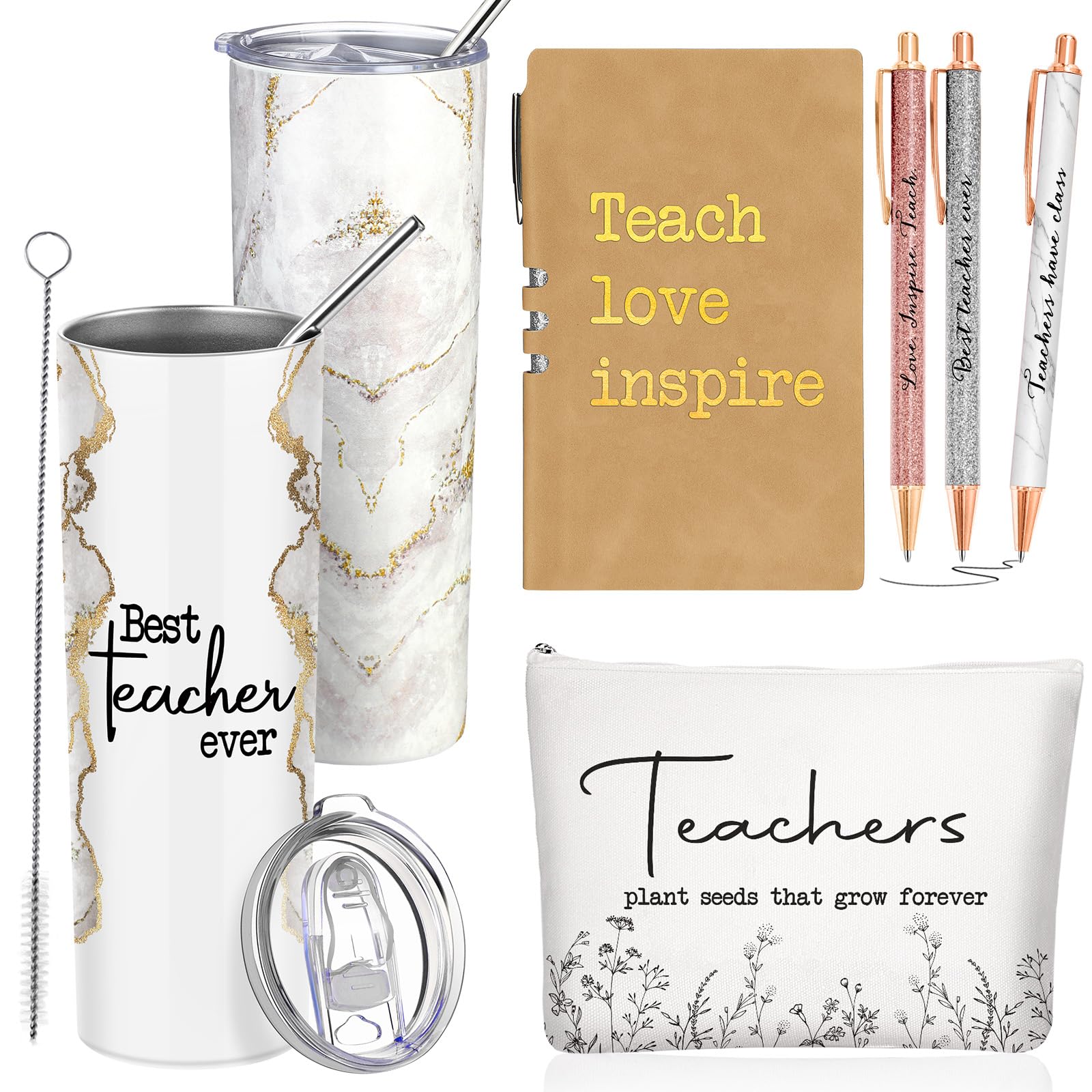 Domensi 6 Pcs Teacher Appreciation Gift Set for Women Staff 20 oz Marble Sign Tumbler Inspirational Ballpoint Pen Notebooks with Makeup Bag Teacher
